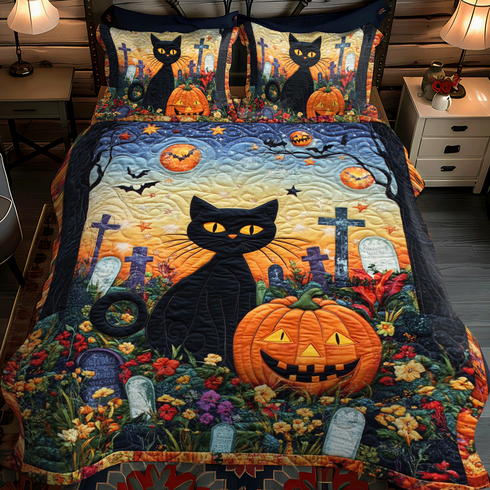 Halloween Black Cat Quilted Bedding Set Cute Bed Sheets For Teens Novelty Cat Presents