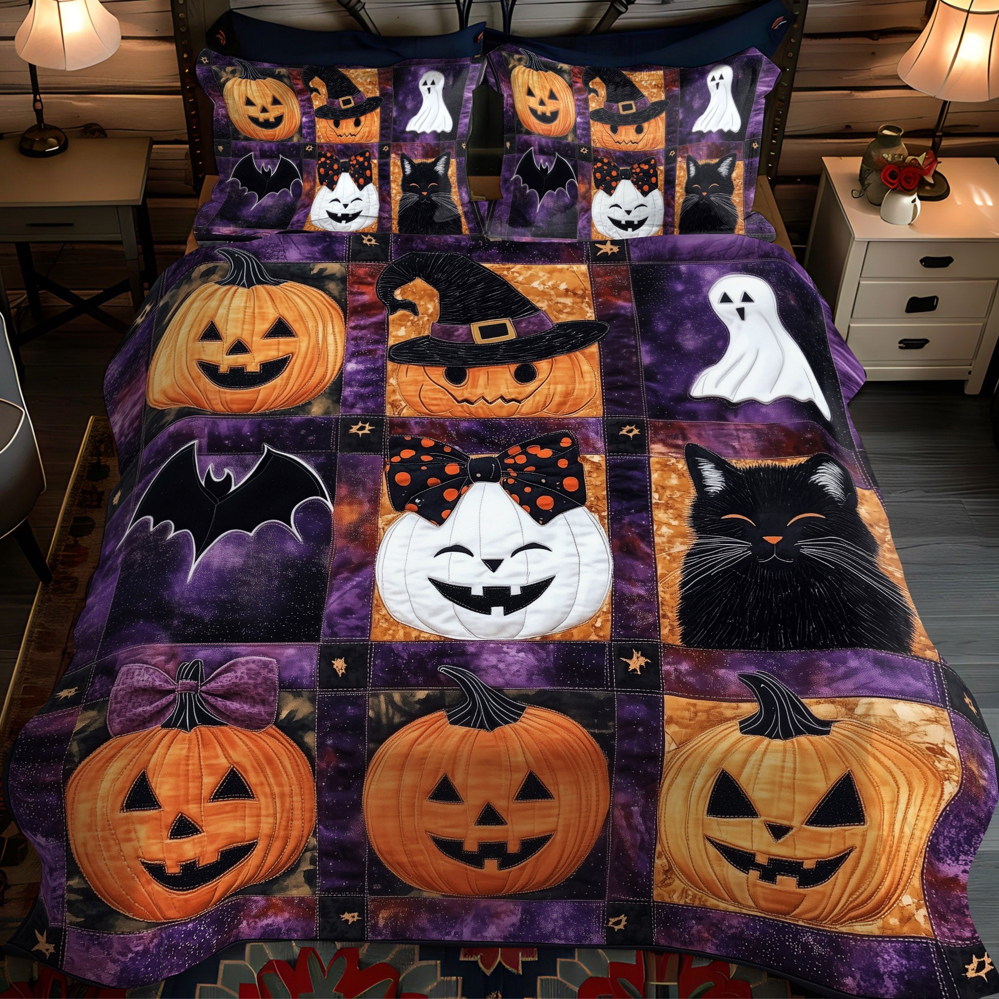 Halloween Night Purr Quilted Bedding Set Best Comforter Sets Halloween Gifts For Teens