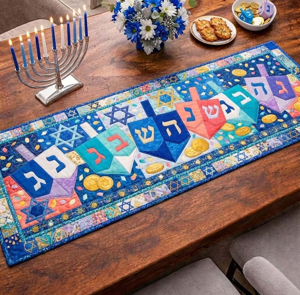 Hanukkah Dreidels Quilted Table Runner Holiday Themed Table Runners Great Hanukkah Gifts