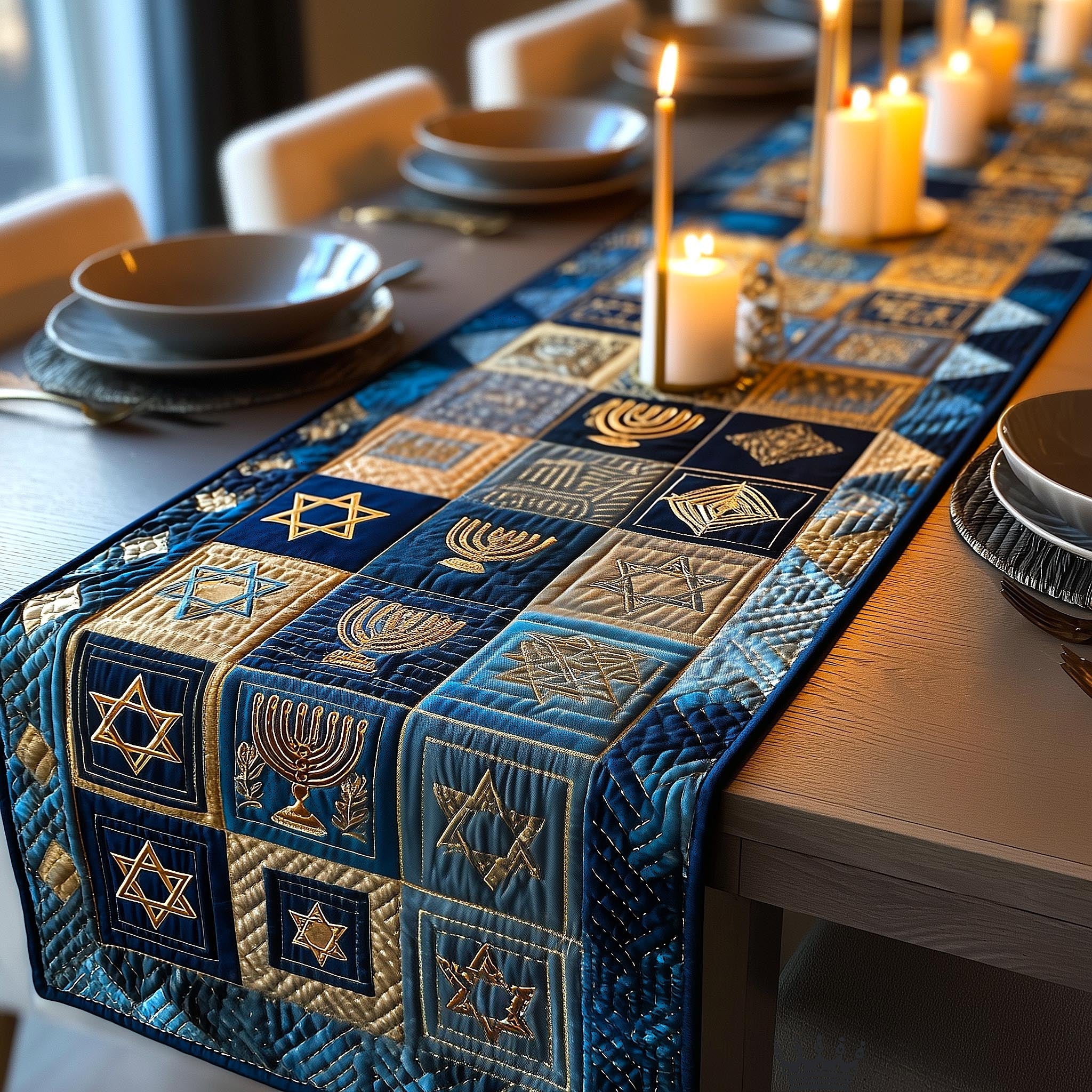 Hanukkah Glow Quilted Table Runner Holiday Dining Table Decor Hanukkah Gift Suggestions