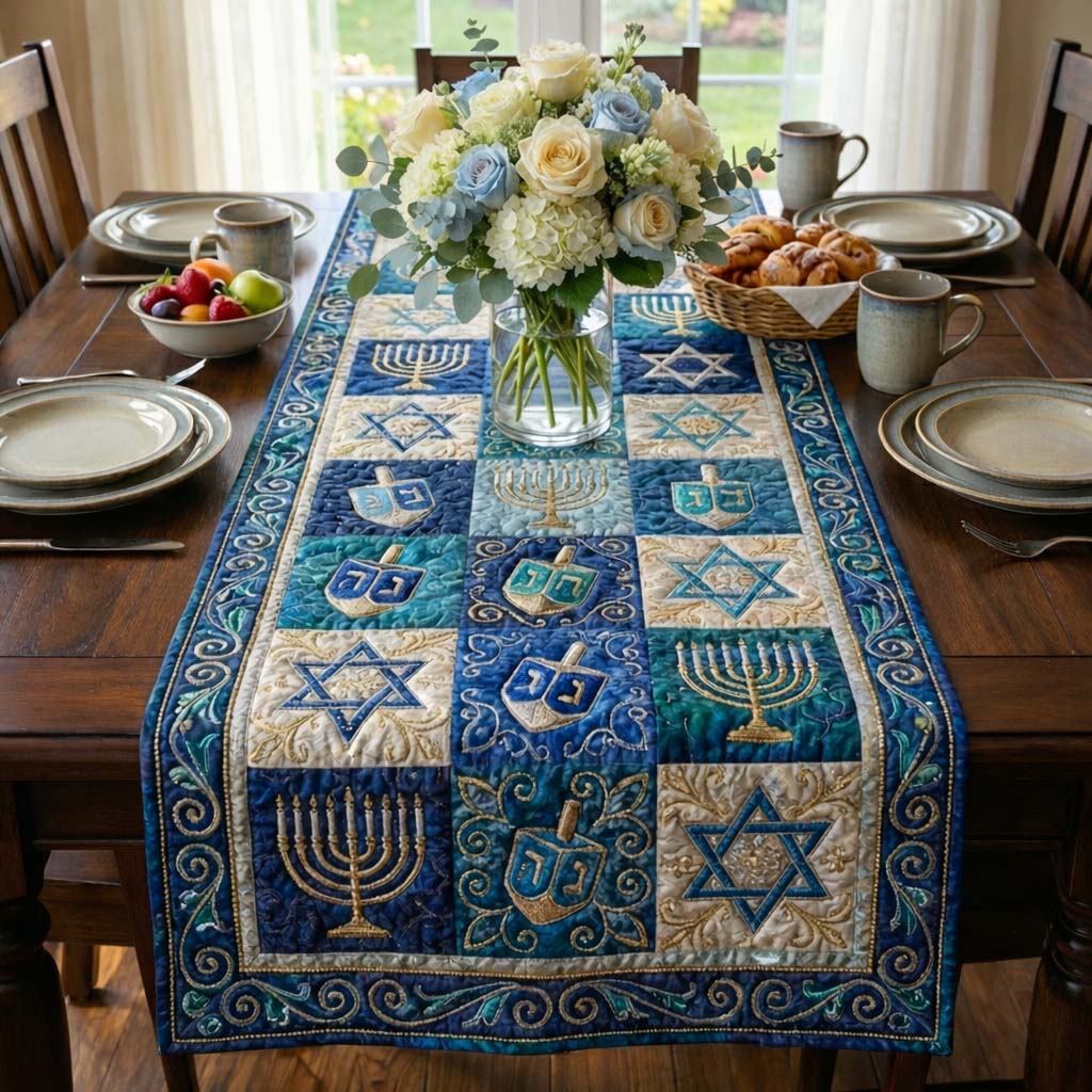 Hanukkah Patch Quilted Table Runner Elegant Holiday Decor Hanukkah Gift Ideas For Him