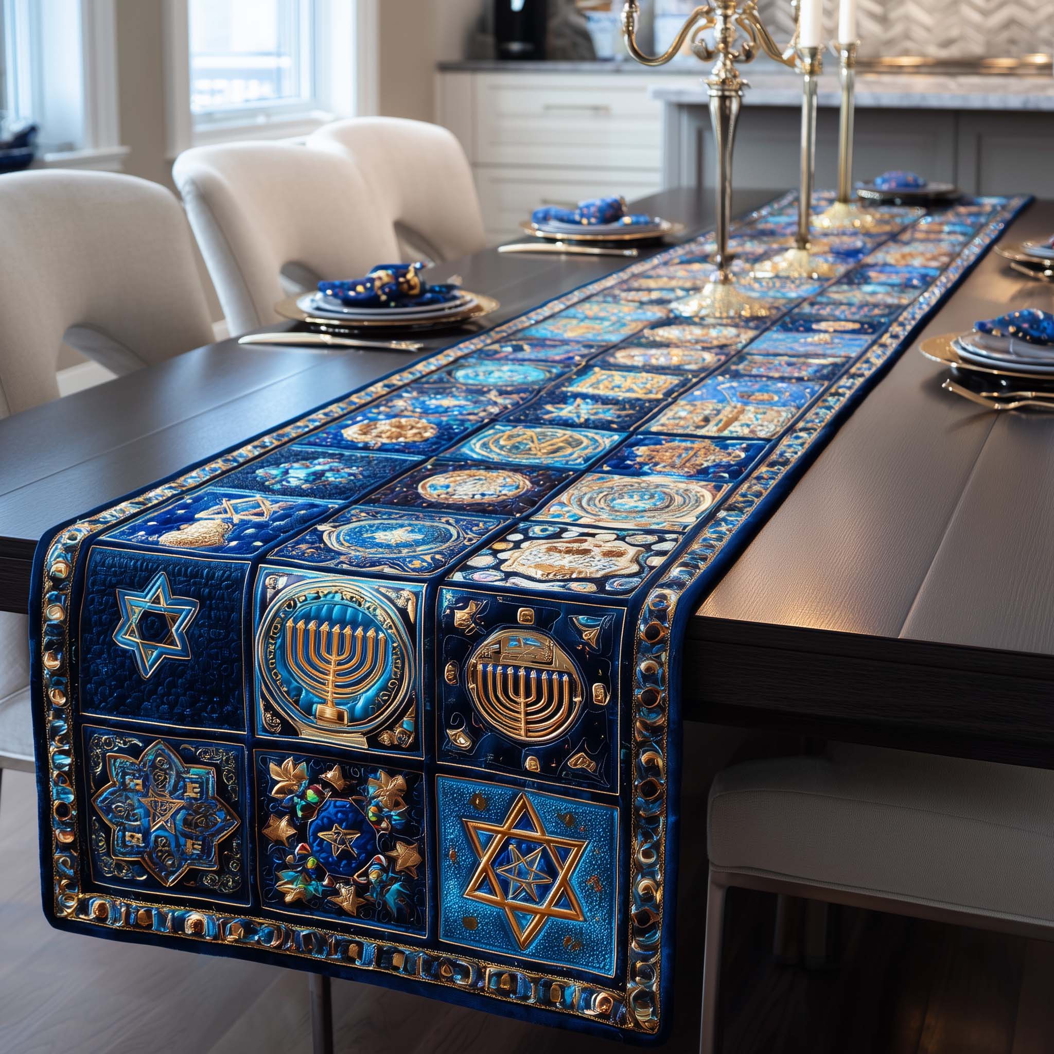 Hanukkah Patchwork Quilted Table Runner Elegant Holiday Table Runners Hanukkah Hostess Gift