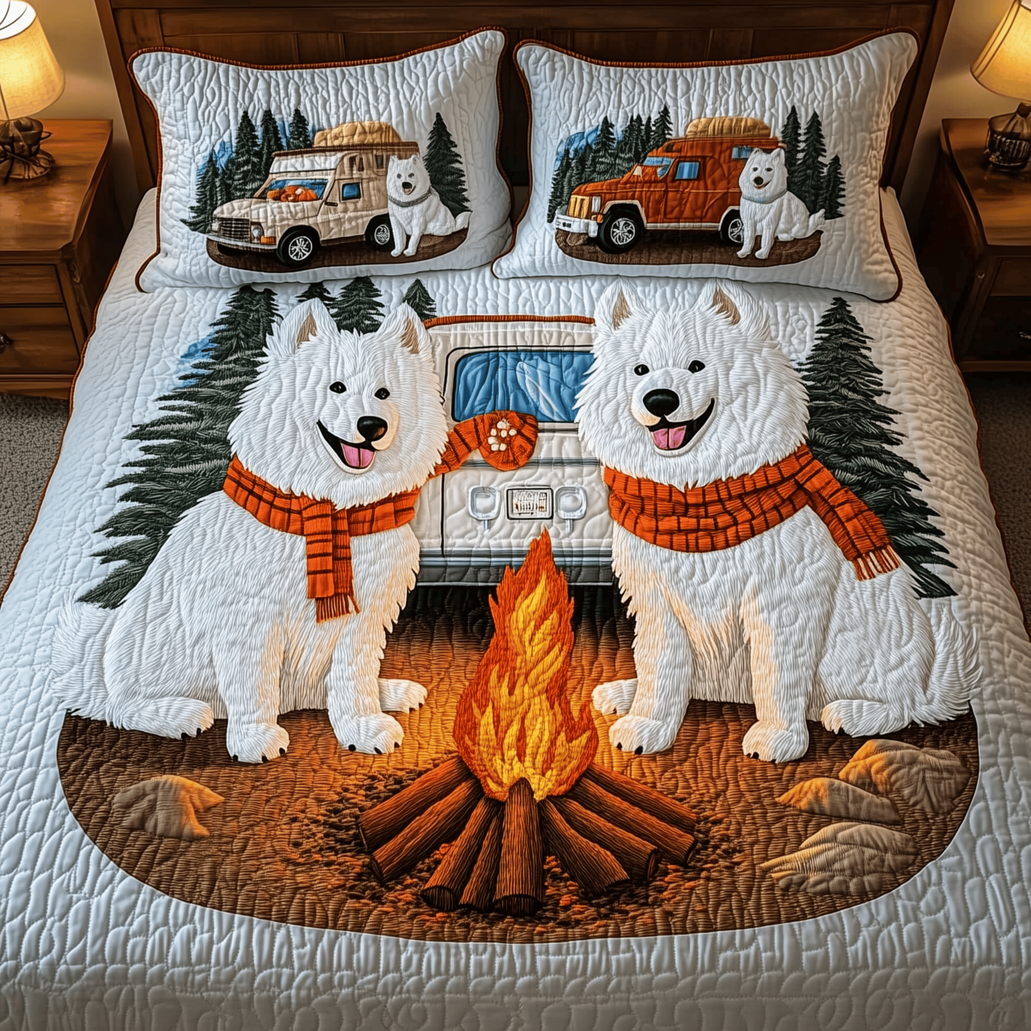 Happy Camping Samoyed Quilted Bedding Set Bed Decor Ideas Top Gifts For Dog Lovers