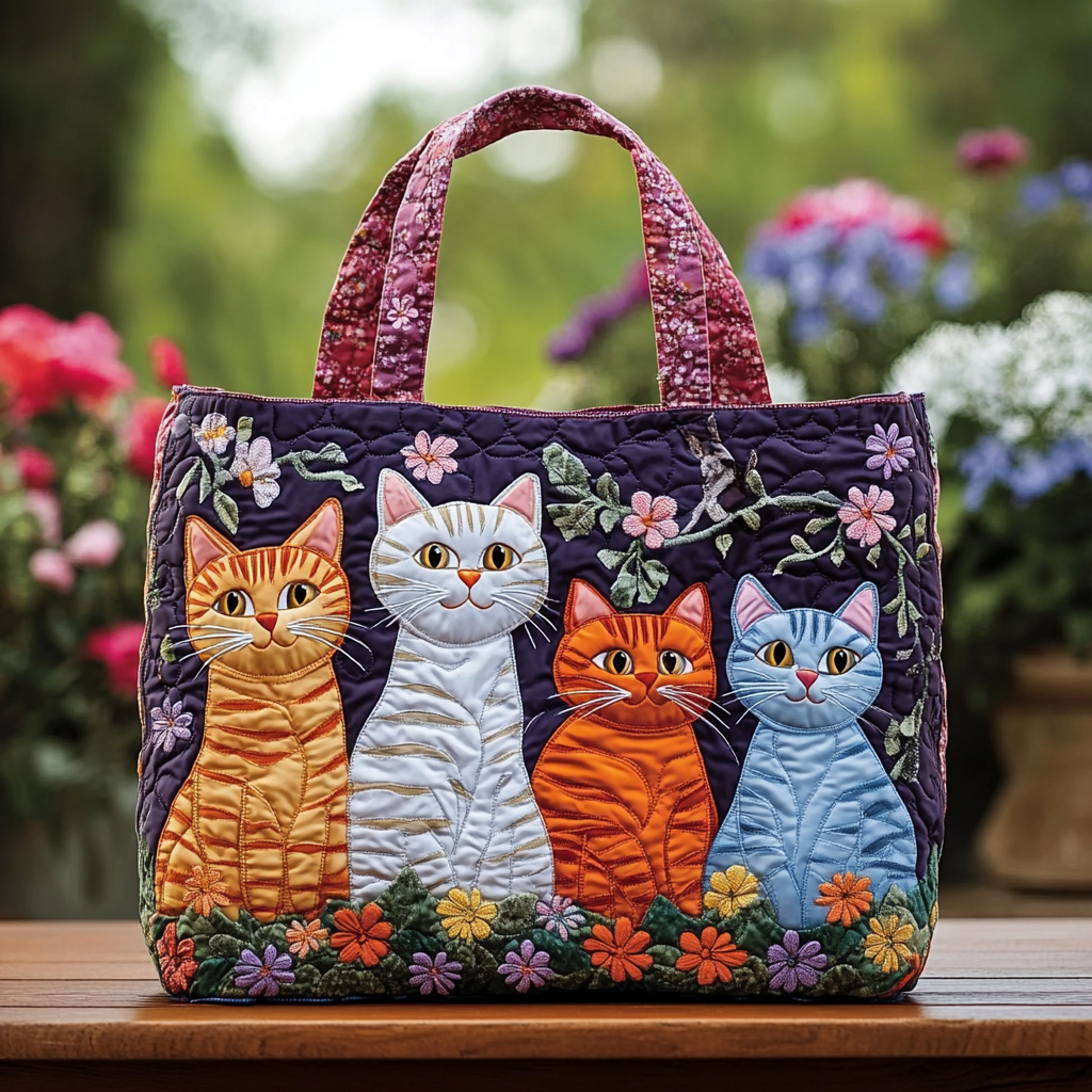 Happy Cat Quilted Tote Bag Best Shoulder Handbags Cat Lover Gifts For Women