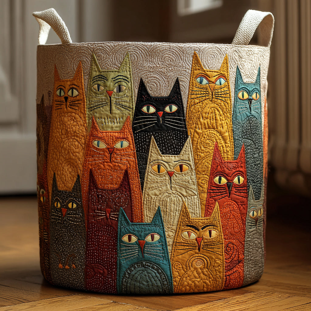 Happy Cats Quilted Laundry Basket Colorful Cat Family Washing Basket Cat Lover Gift