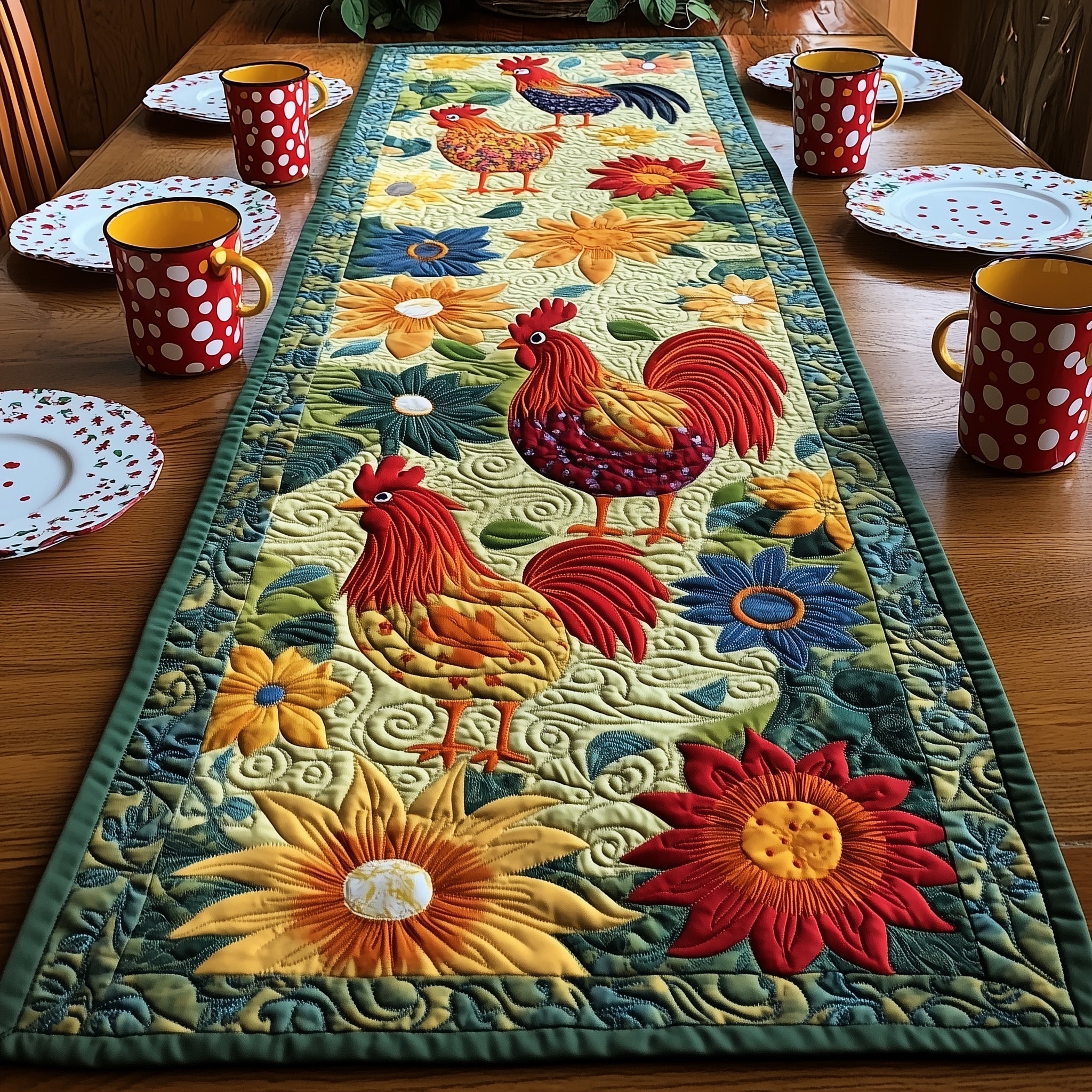 Happy Chicken Farm Quilted Table Runner Dining Room Table Decor Gift Ideas For Chicken Owners