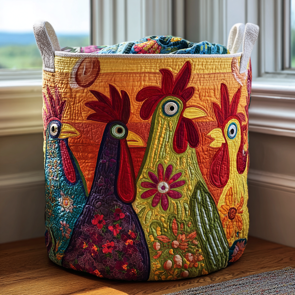 Happy Clucks Quilted Laundry Basket Modern Laundry Hamper Gifts For People Who Own Chickens