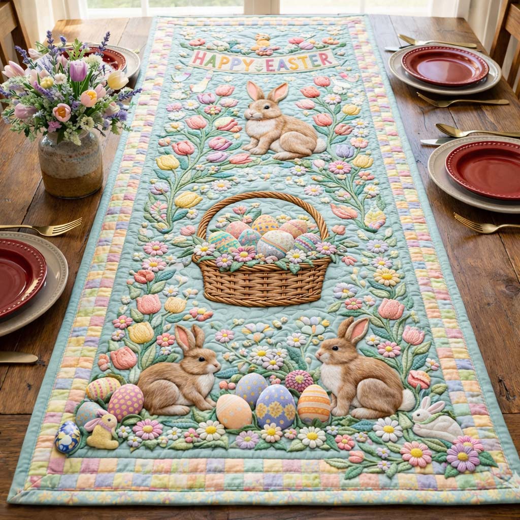 Happy Easter Quilted Table Runner Bunny Table Decor Presents For Bunny Lovers