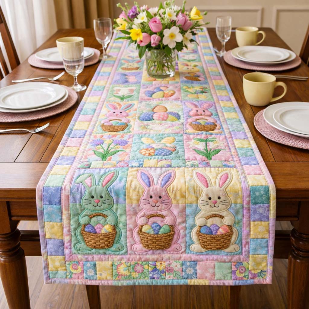 Happy Easter Quilted Table Runner Easter Table Decor Rabbit Gifts For Rabbit Lovers