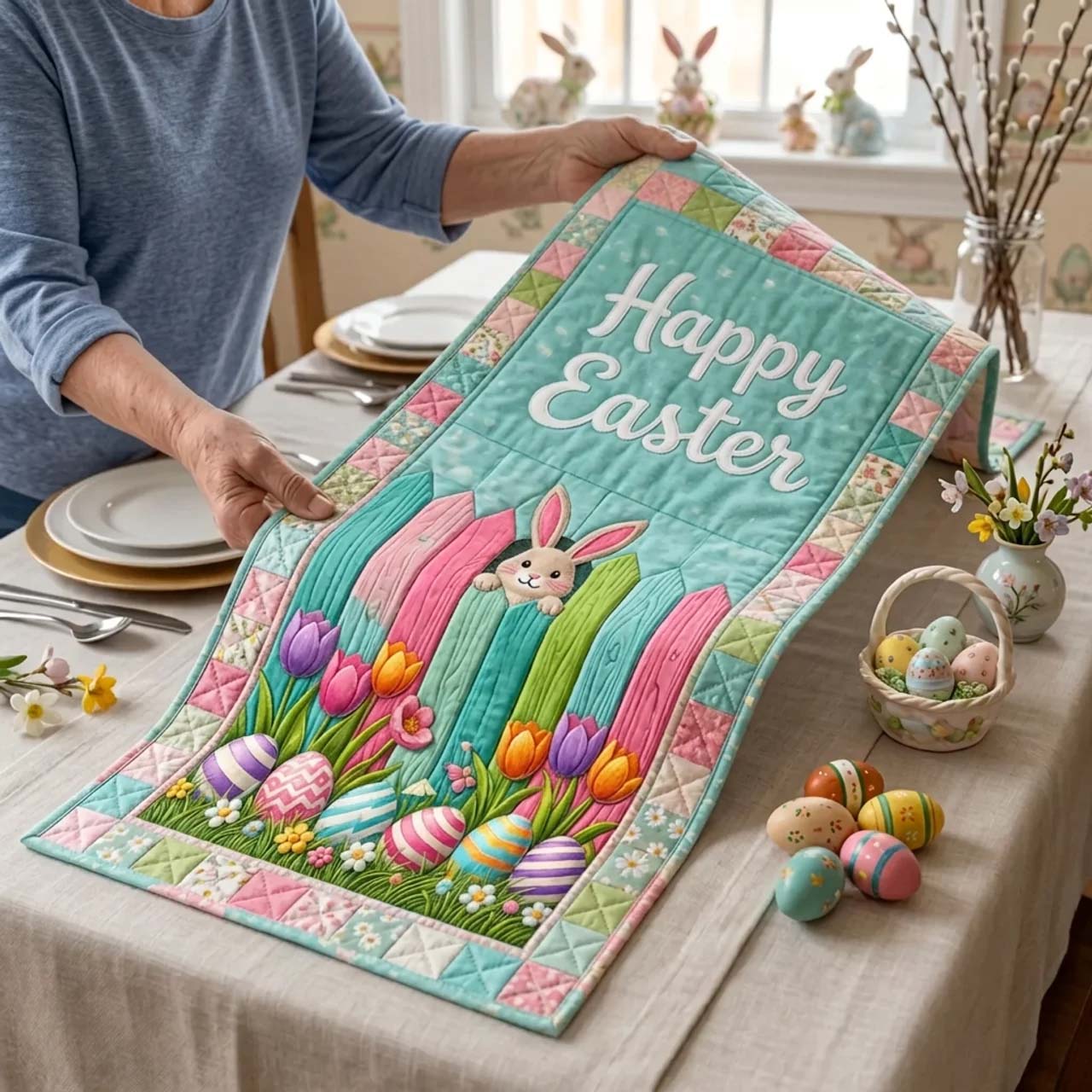 Happy Easter Quilted Table Runner Elegant Holiday Table Runners Easter Holiday Gift Items