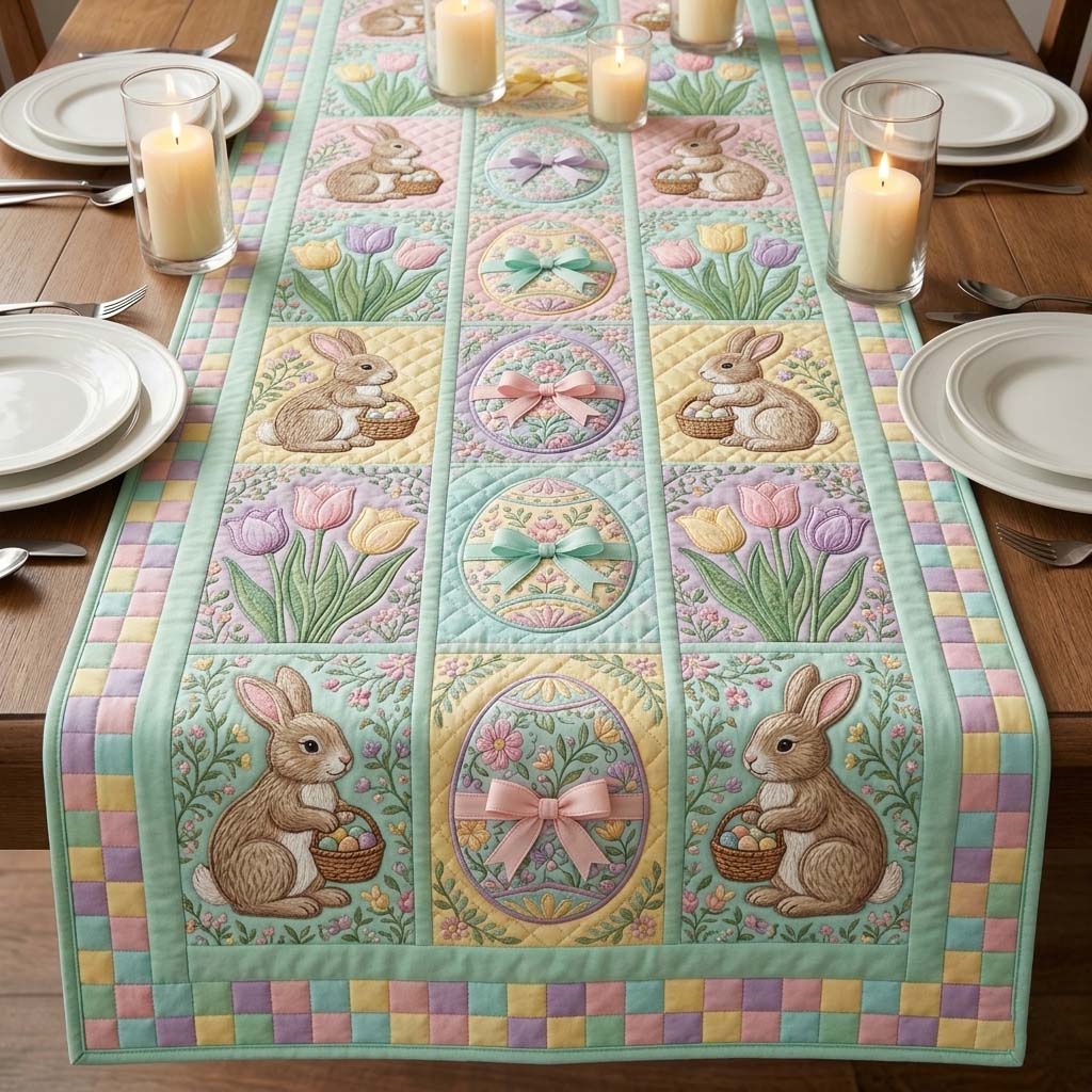 Happy Easter Quilted Table Runner He Is Risen Table Decor Gift For Rabbit Lover