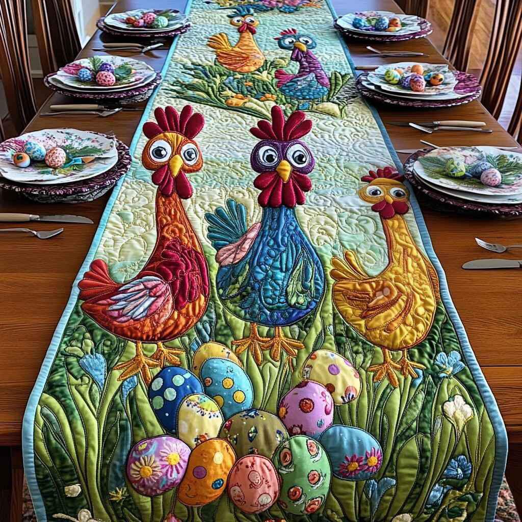 Happy Easter Quirky Farmhouse Quilted Table Runner Kitchen Table Decor Ideas Gift Ideas For Chicken Lovers