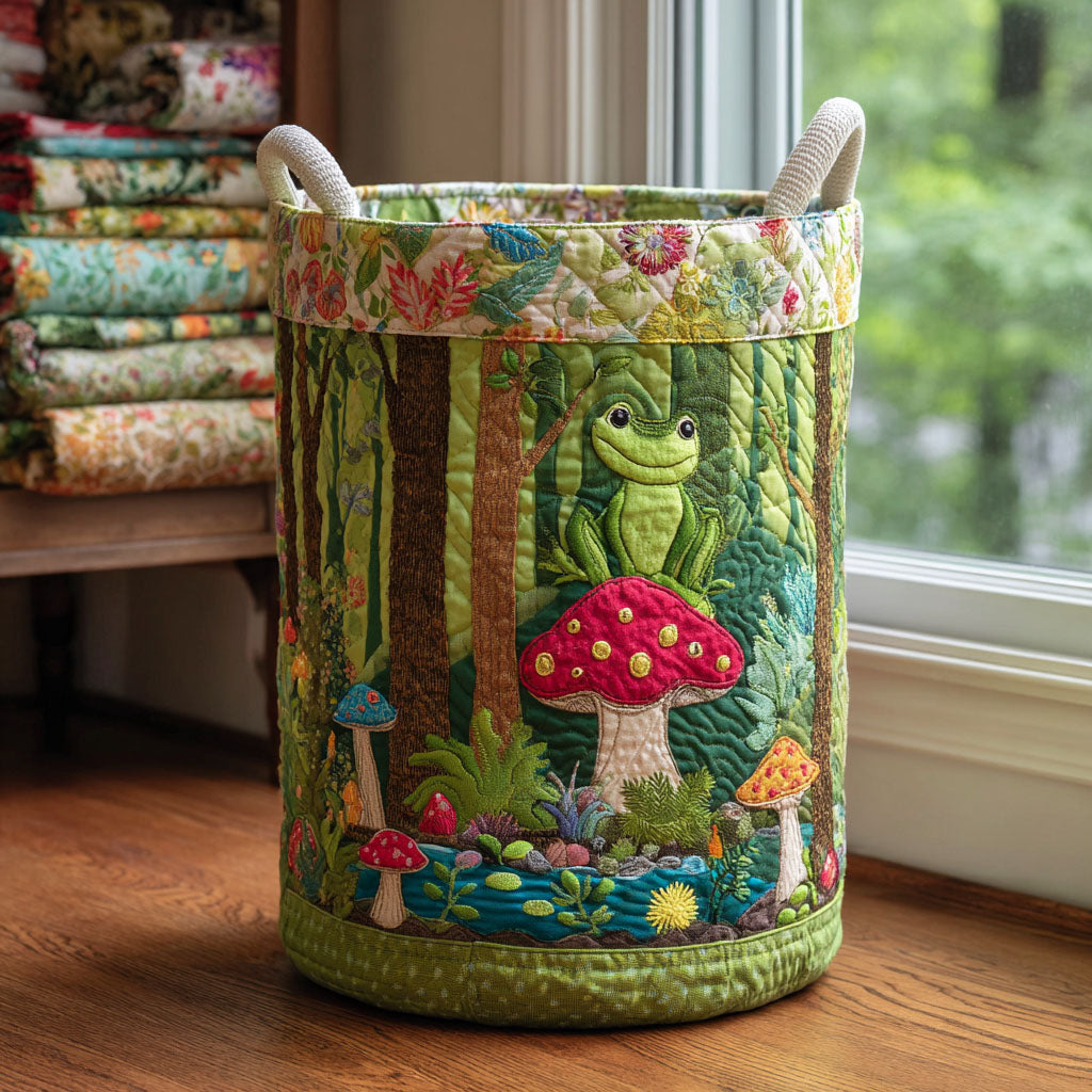 Happy Frog Quilted Laundry Basket Cute Forest Frog Hamper Fabric Nature Lover Gift