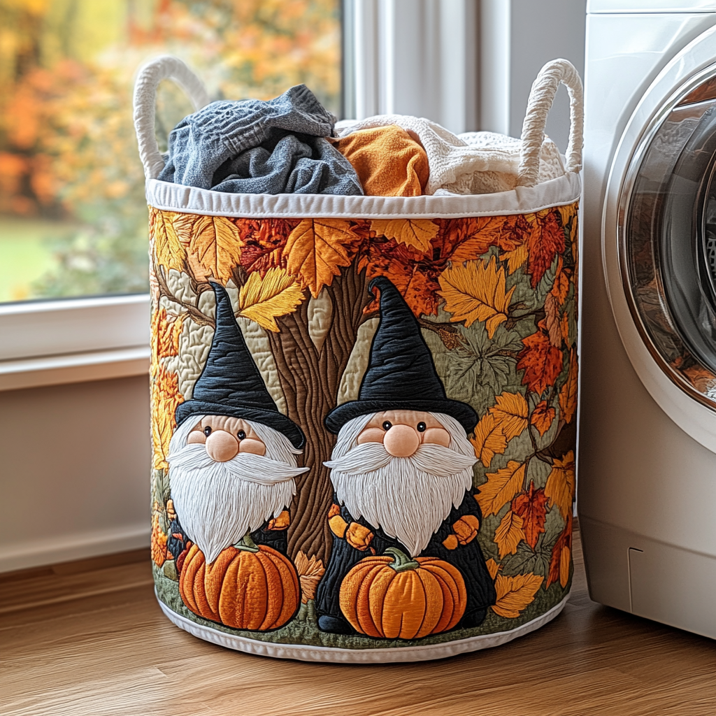 Happy Gnome Quilted Laundry Basket Foldable Laundry Hamper Autumn Gifts Items