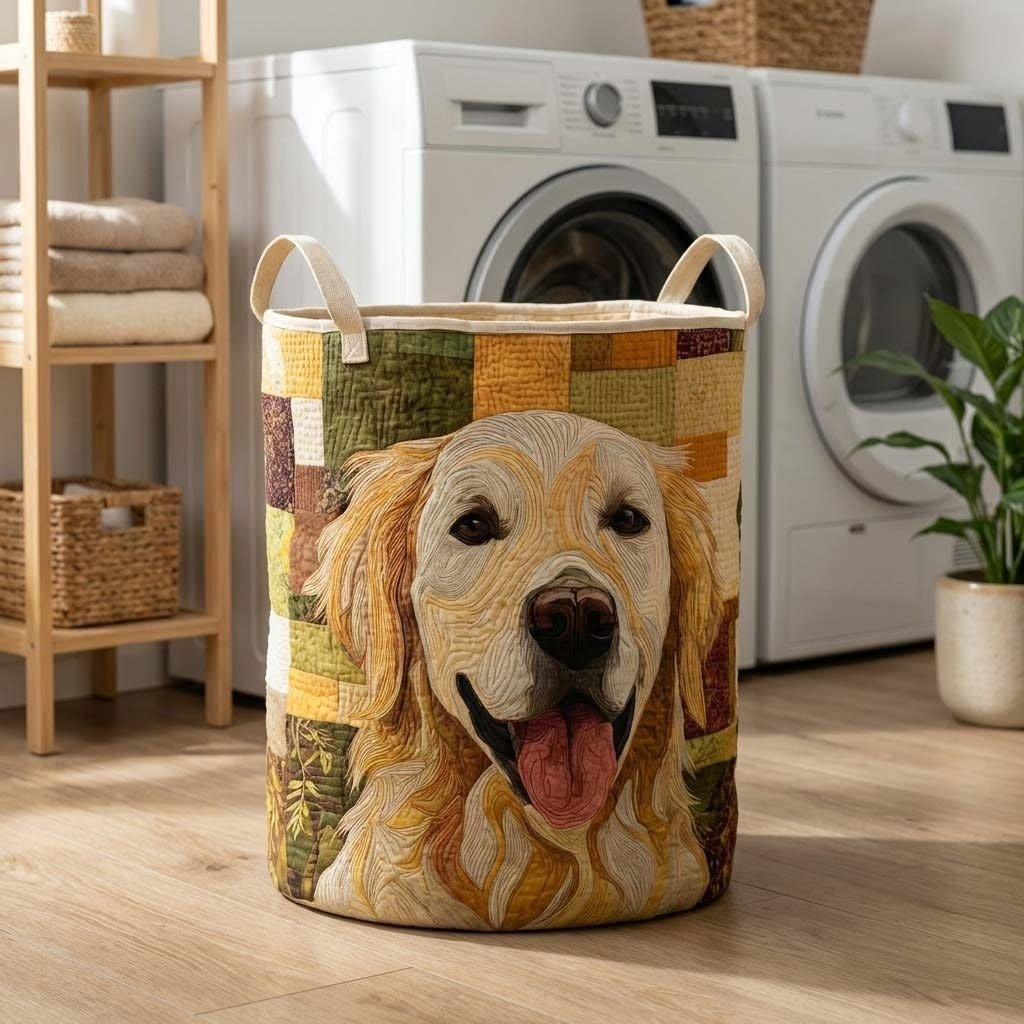 Happy Golden Retriever Quilted Laundry Basket Dog Lover Gift For Owner Dog