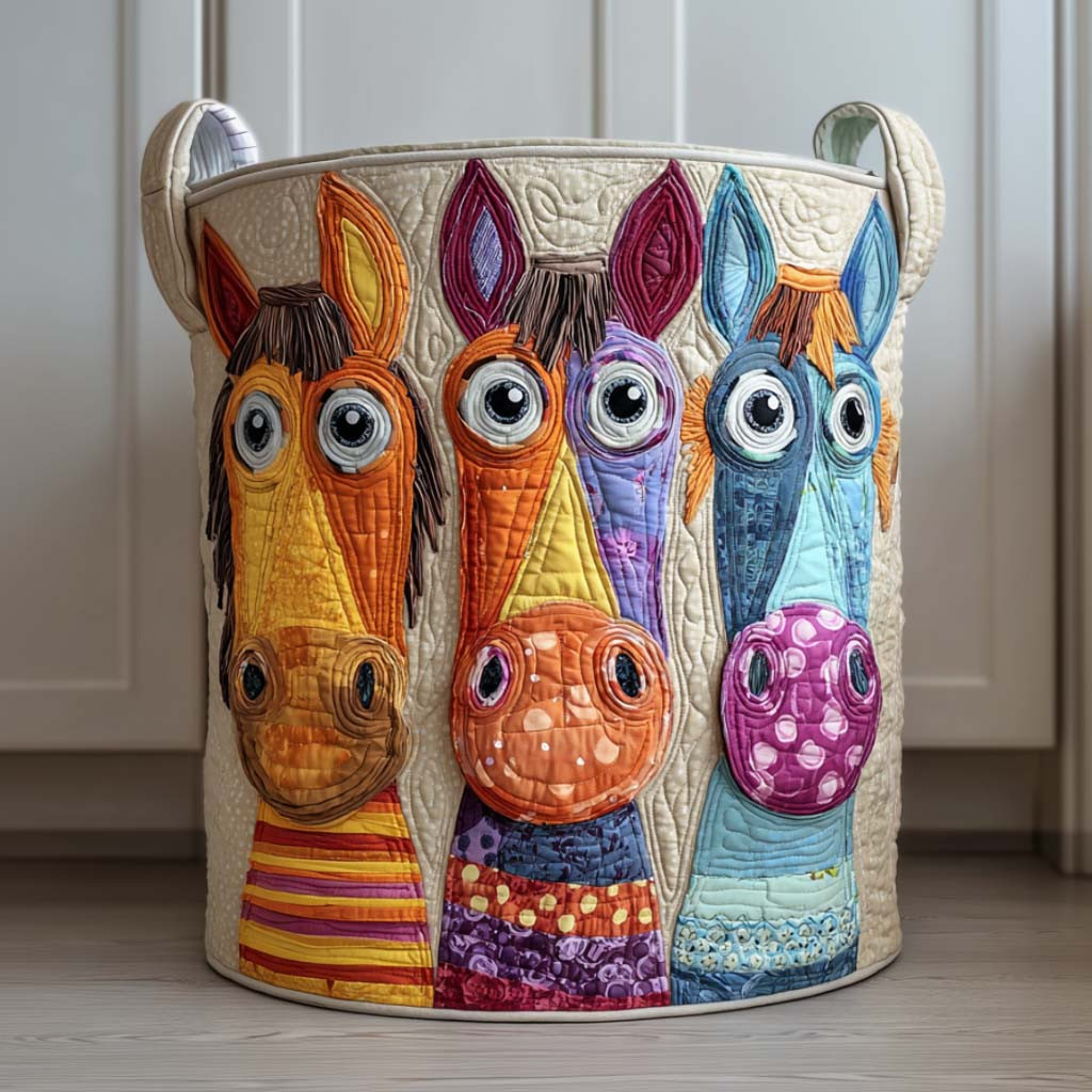 Happy Herd Quilted Laundry Basket Colorful Farm Horse Washing Basket Gift For Farmers