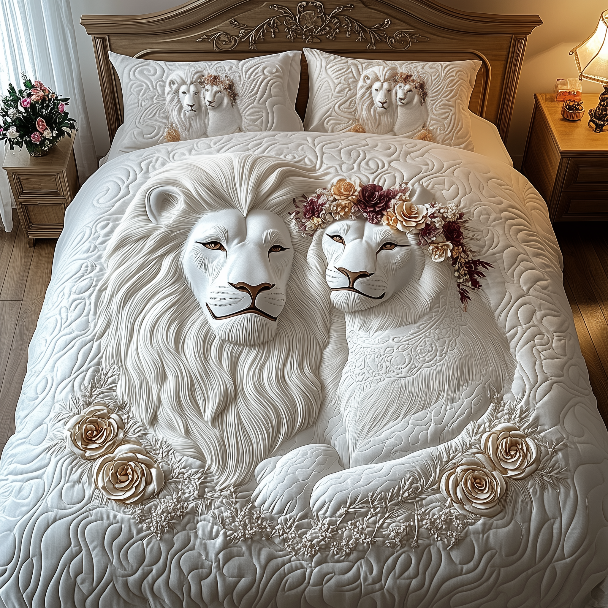 Happy Lion Couple Quilted Bedding Set King Comforter Sets Christmas Presents For Lion Lovers