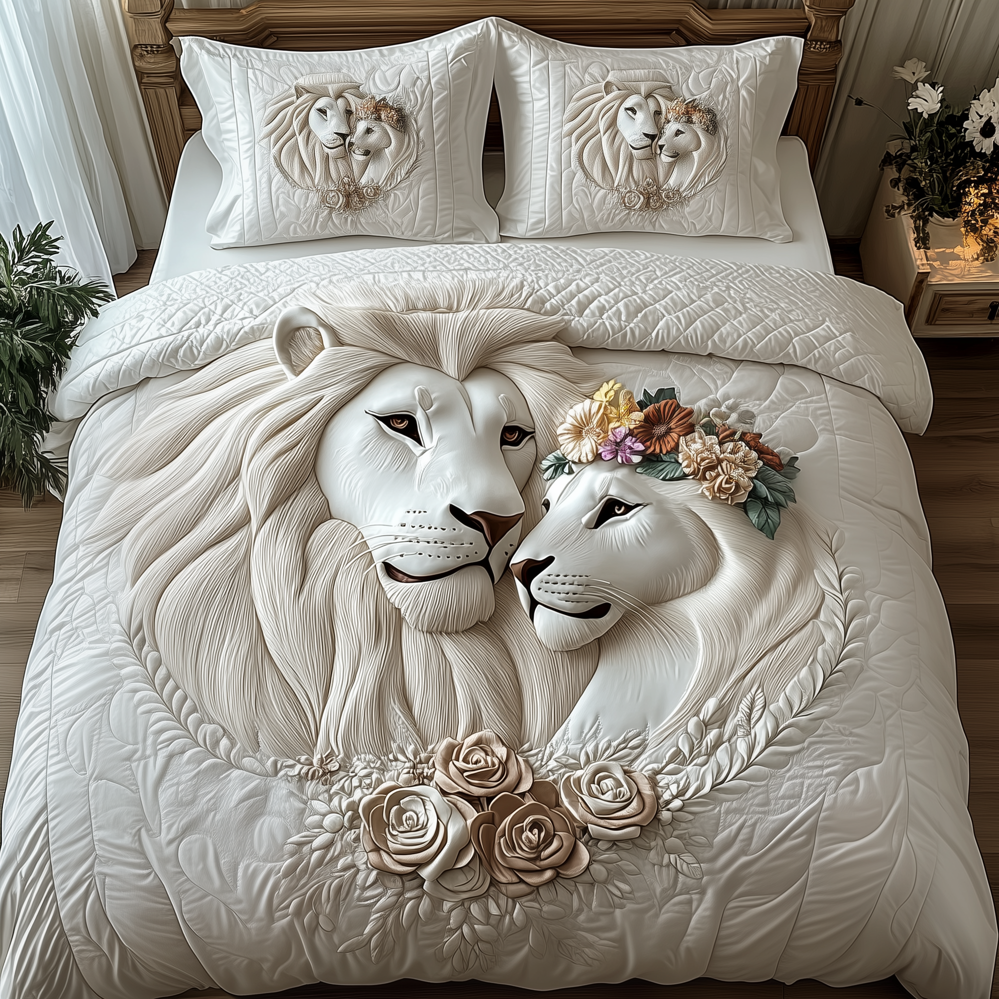 Happy Lion Couple Quilted Bedding Set Queen Bed Set Best Gift For Lion Lovers