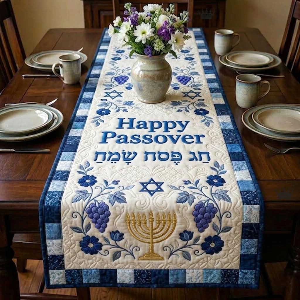 Happy Passover Quilted Table Runner Pesach Blessing Table Decor Holiday Jewish Gifts