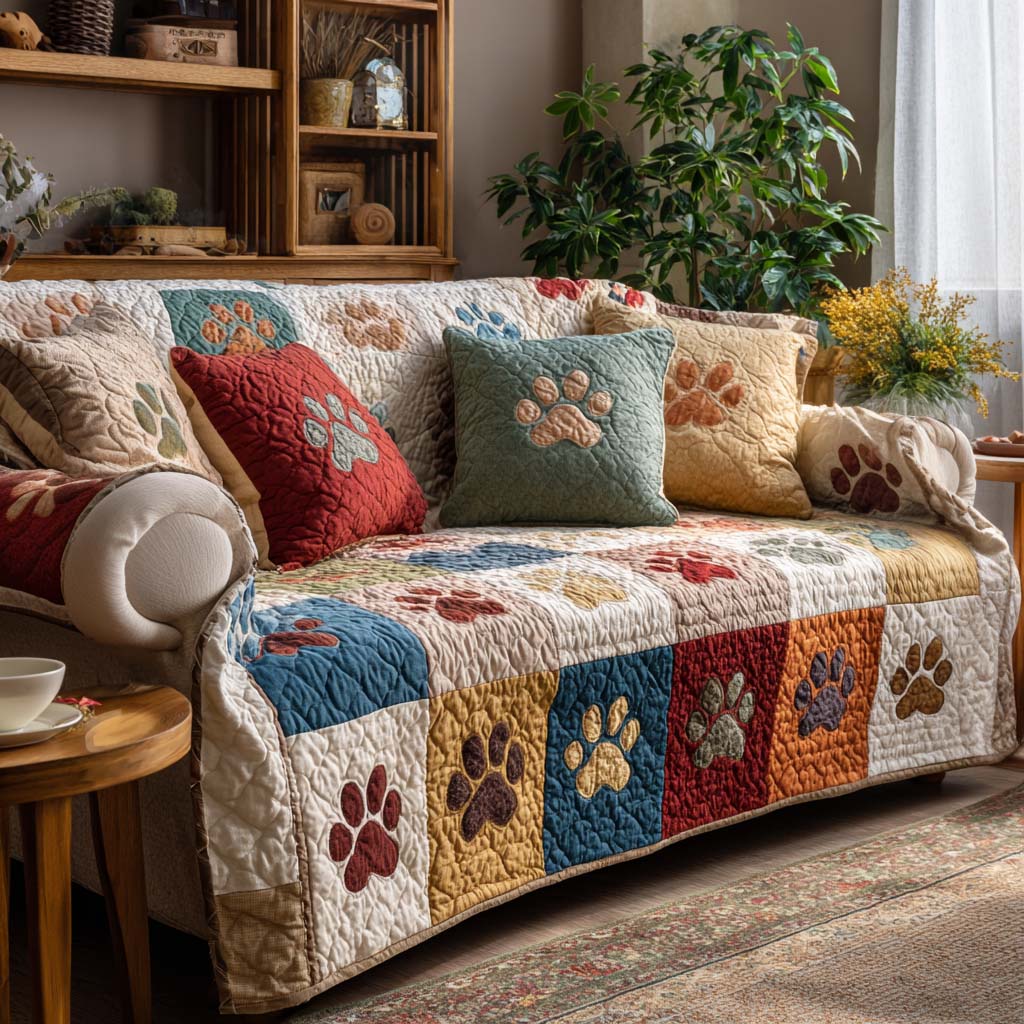 Happy Paw Quilted Sofa Cover Living Room Decorations Dog Themed Merchandise