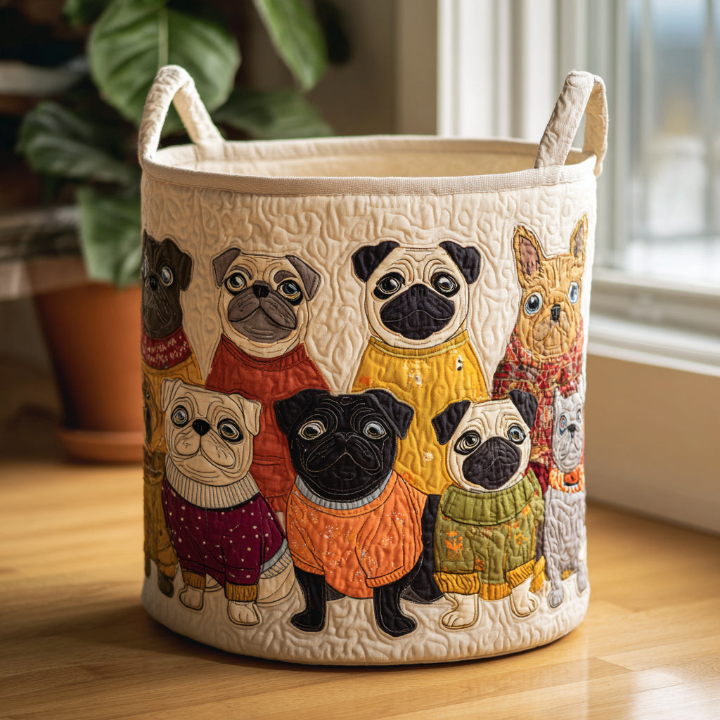 Happy Pug Quilted Laundry Basket Cute Pug Dog Storage Basket Pet Lover Gift