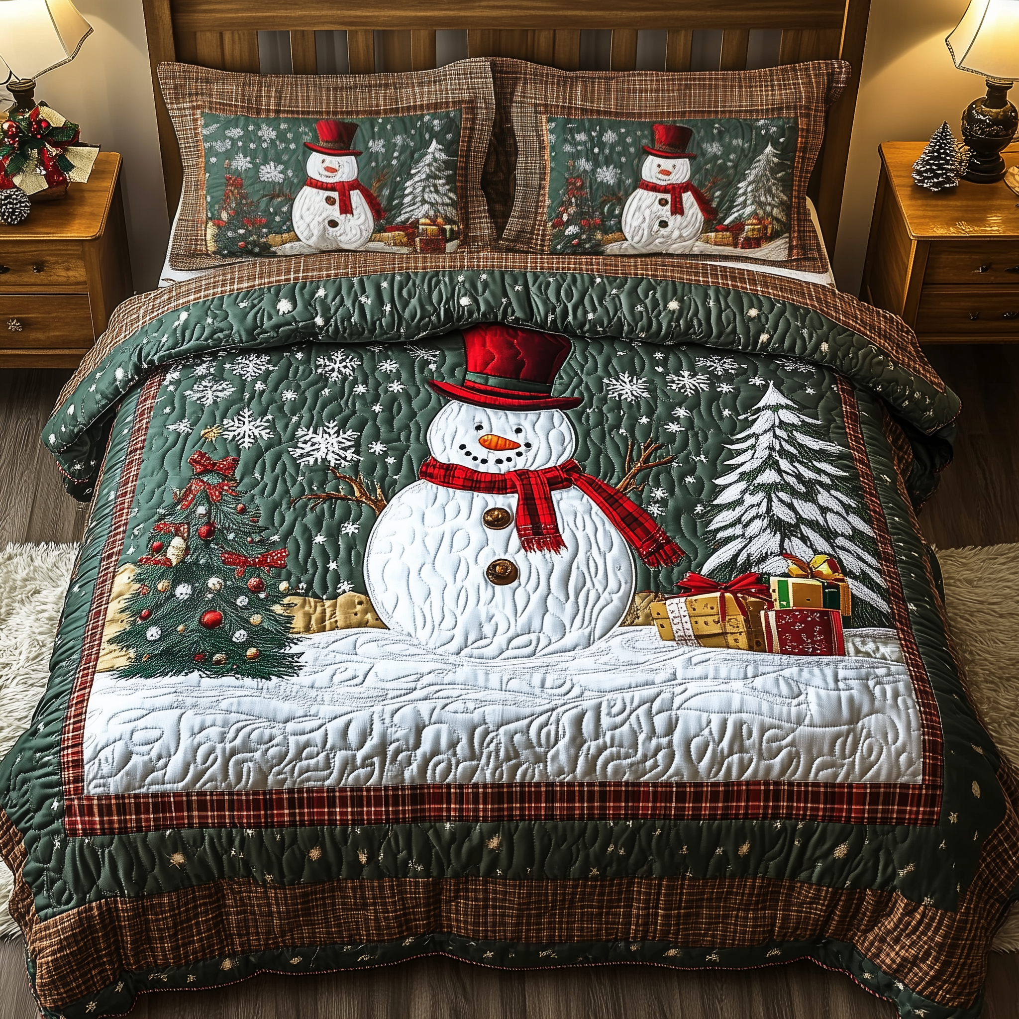 Happy Snowman Quilted Bedding Set Christmas Bedding Queen Secret Santa Gifts