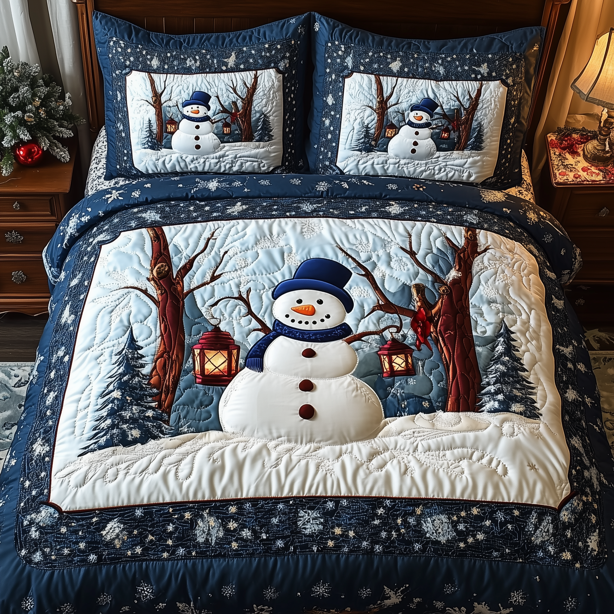 Happy Snowman Quilted Bedding Set Holiday Bedding Sets Xmas Gifts For Family