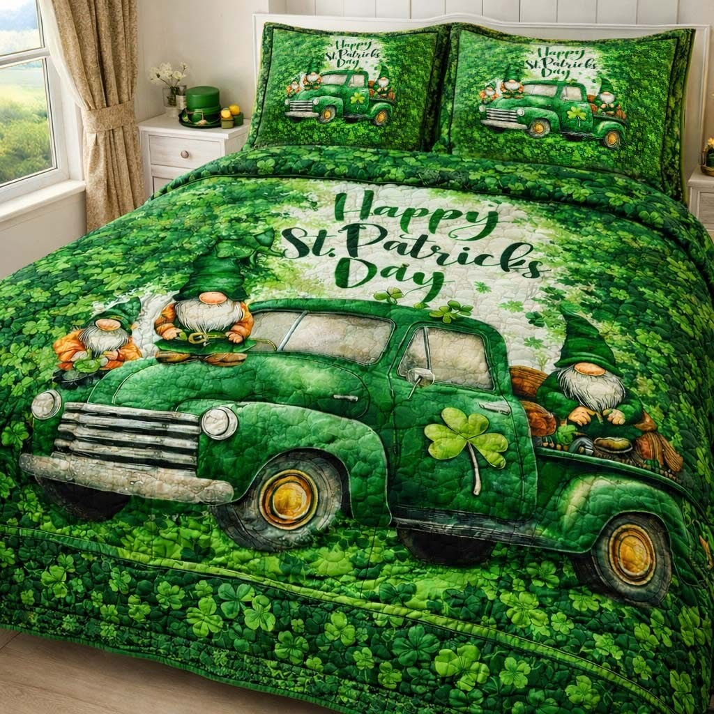 Happy St Patrick's Day Shamrock Farm Truck Quilted Bedding Set Bed Decor St Patrick Gifts