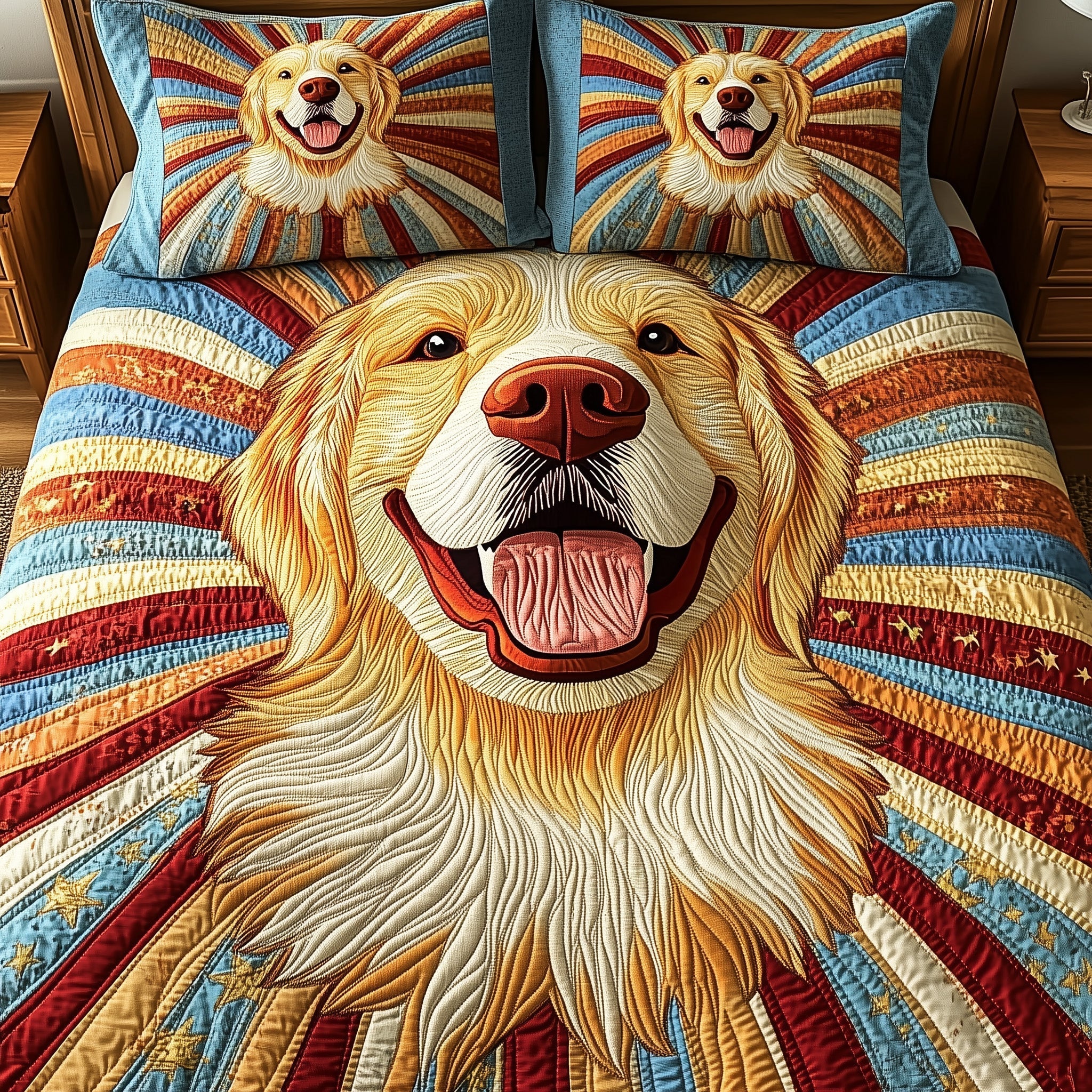Happy Sunshine Golden Retriever Quilted Bedding Set Bed Decor Unique Golden Retriever Gifts