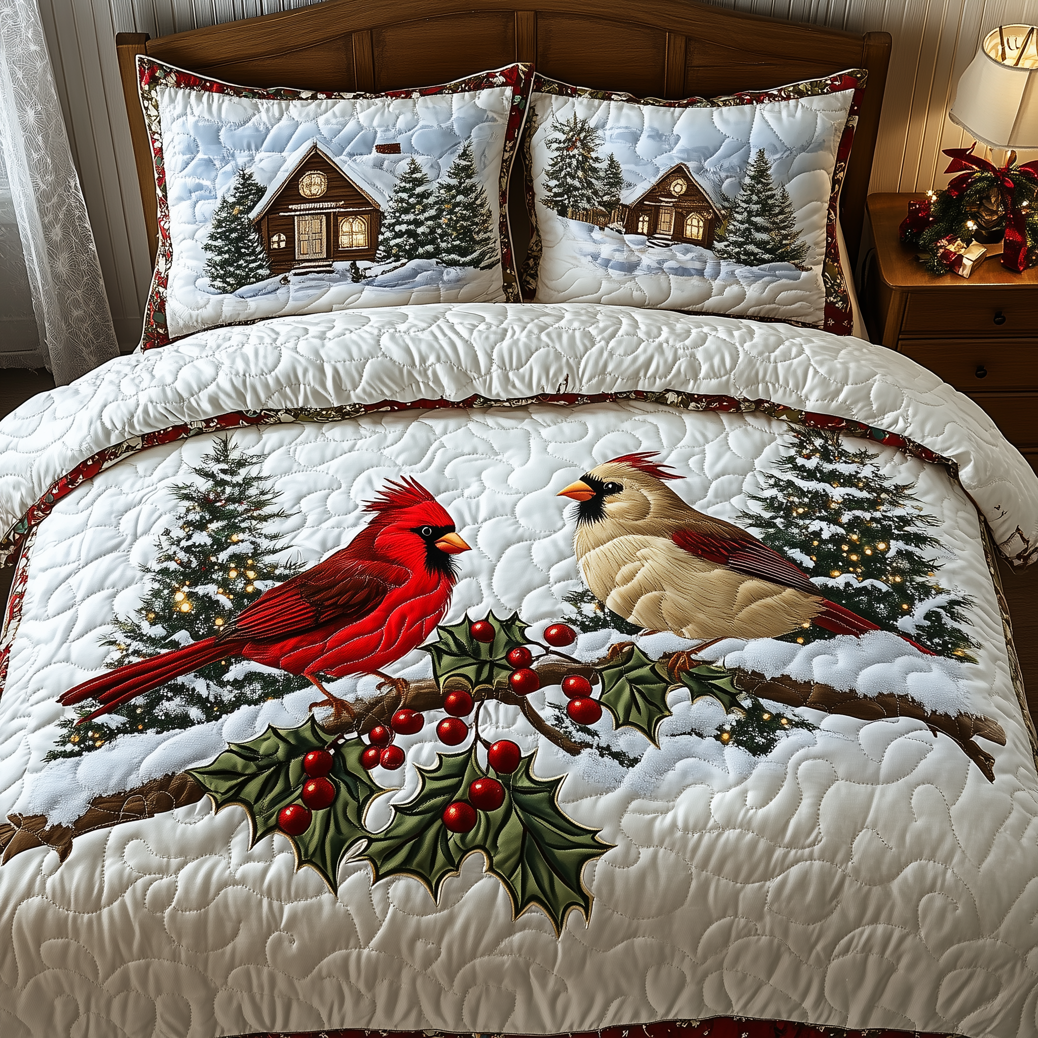 Harmony of Cardinals Quilted Bedding Set Bedsheet Comforter Set Cardinal Themed Gifts