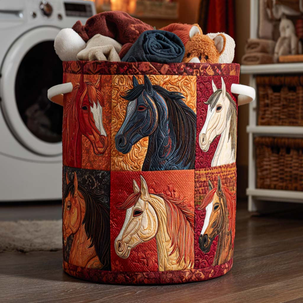 Harvest Gallop Quilted Laundry Basket Foldable Clothes Hamper Unique Equestrian Gifts
