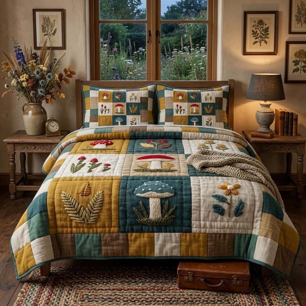 Harvest Mushroom Quilted Bedding Set Patchwork Bedspread Set Gifts Ideas For Grandma