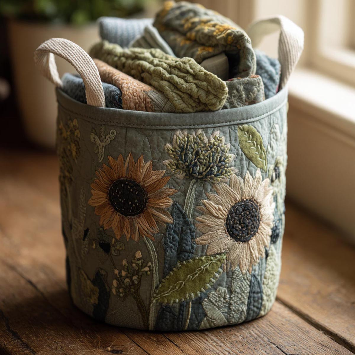 Harvest Sun Quilted Laundry Basket Sunflower Field Hamper Fabric Gift For Her