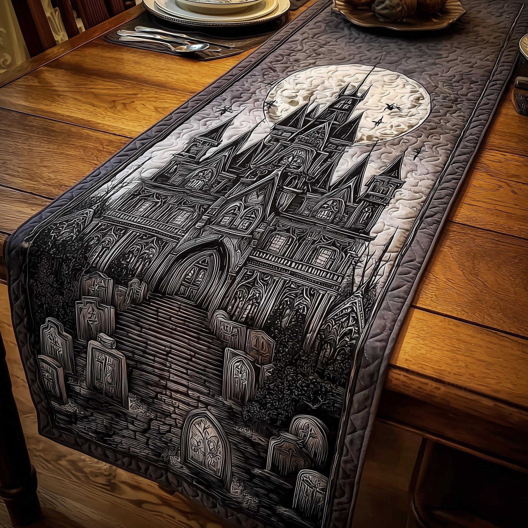 Haunted Manor Quilted Table Runner Spooky Table Runner Halloween Gift Ideas