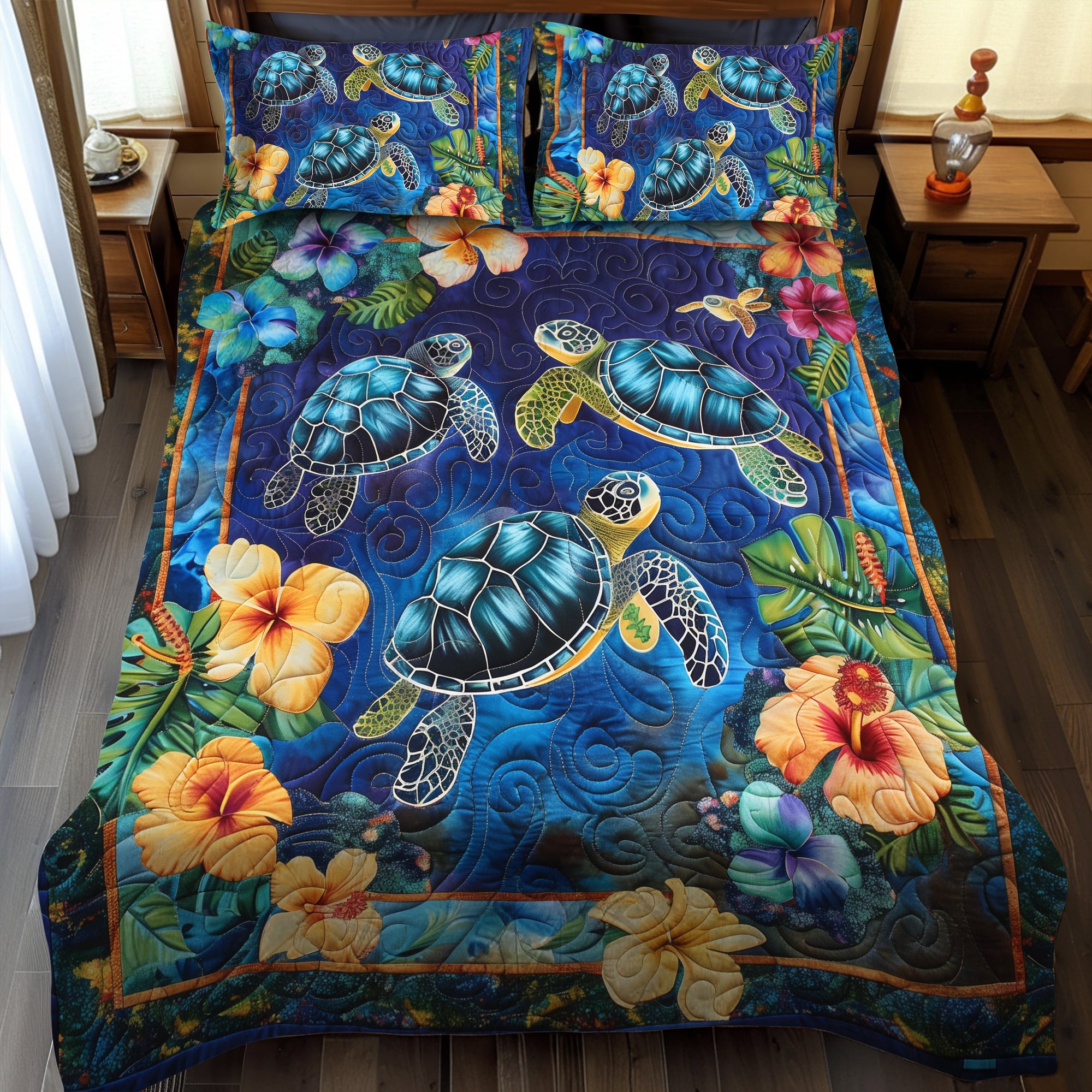 Hawaiian Bliss Turtle Quilted Bedding Set Unusual Bed Sheets Sea Turtle Gifts For Him