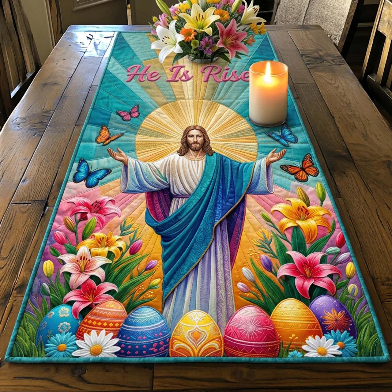 He Is Risen Quilted Table Runner Easter Spring Table Decorations Best Easter Themed Gifts