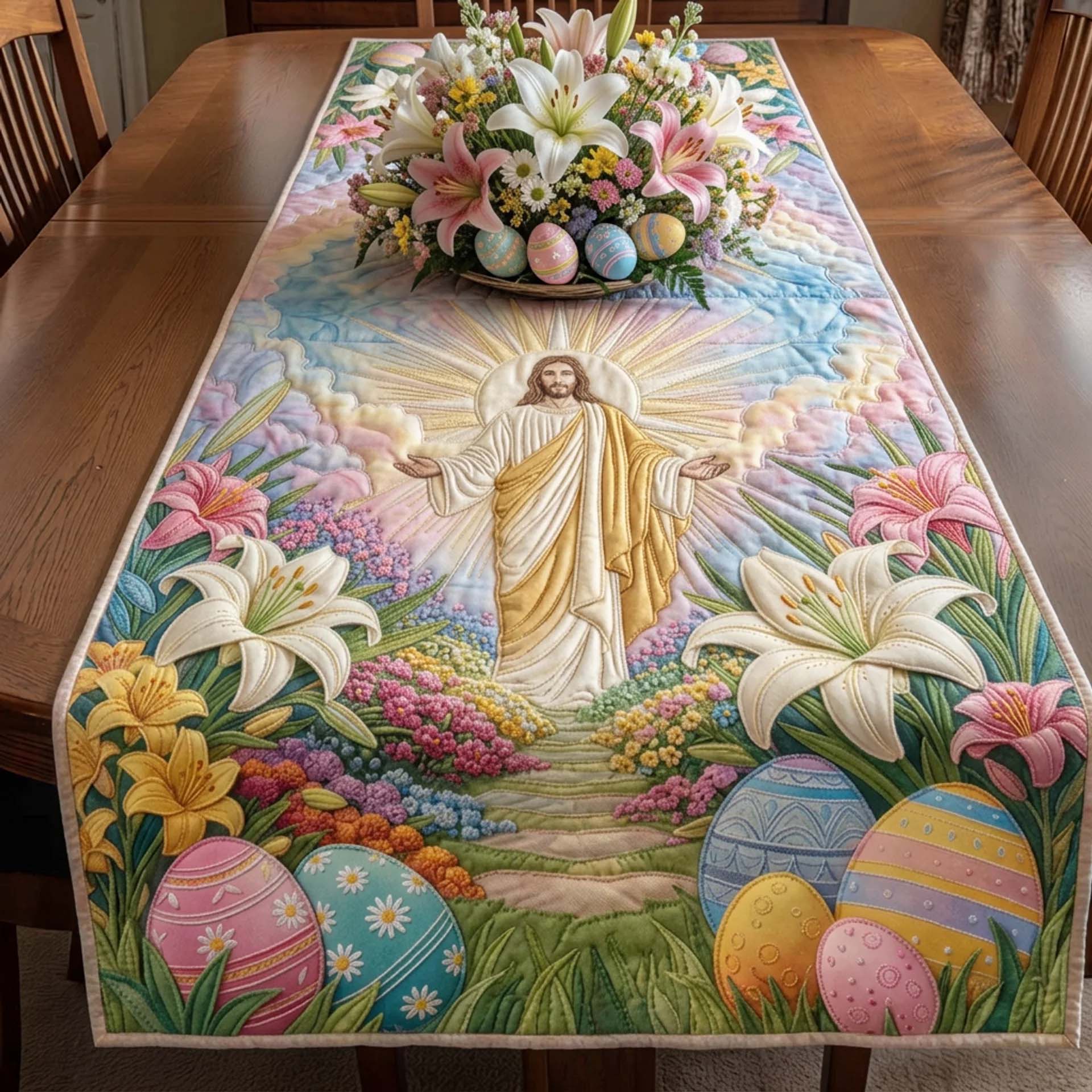 He Is Risen Quilted Table Runner Easter Table Runner Ideas Cute Easter Gift Items