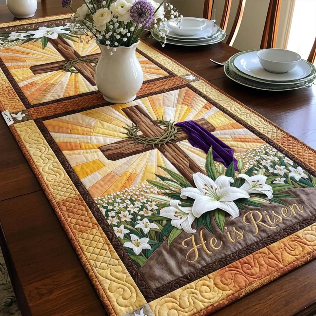He Is Risen Quilted Table Runner Spring Easter Table Runner Faith Based Easter Gifts