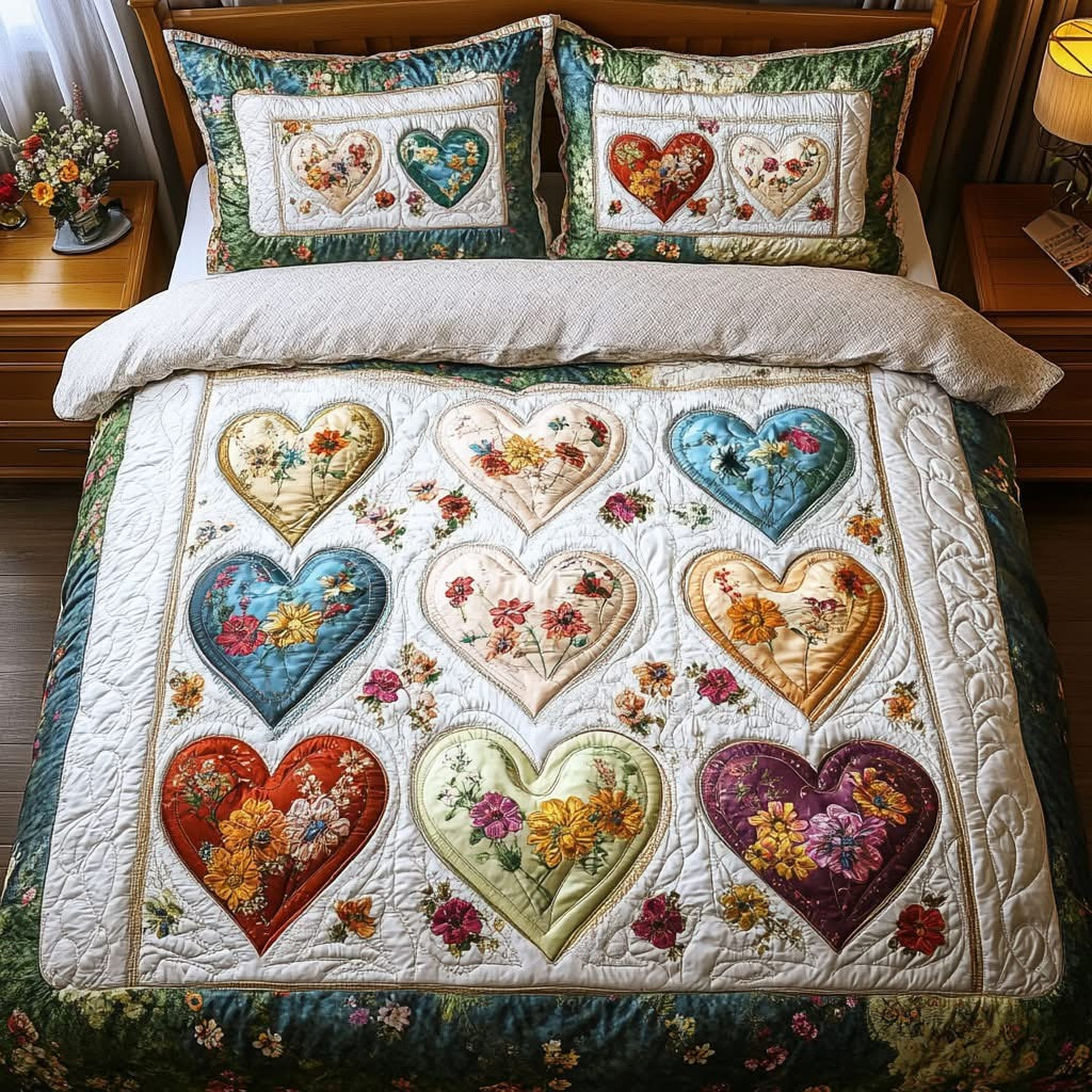 Heart Floral Patchwork Quilted Bedding Set Cozy Bedroom Decor Best Valentines Gifts 2026