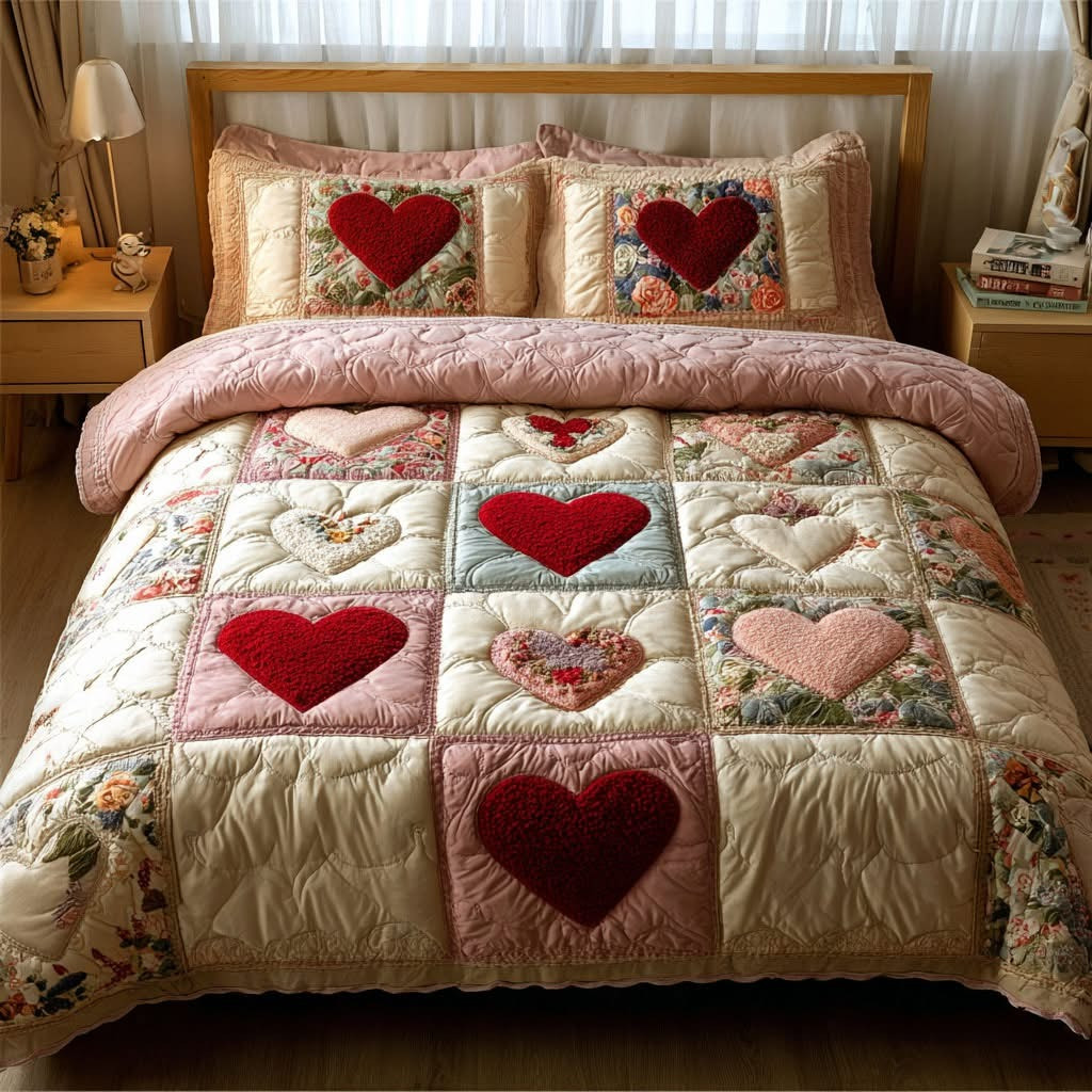 Heart Floral Patchwork Quilted Bedding Set Romantic Bedroom Decor Ideas Best Valentines Gifts