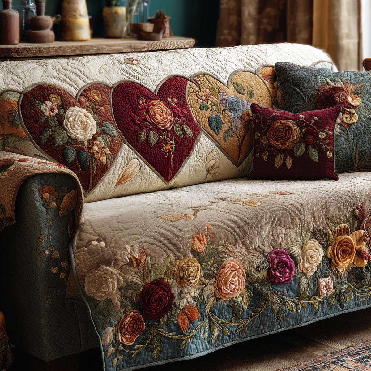 Heart Garden Quilted Sofa Cover Couch Protector Gifts For Valentine