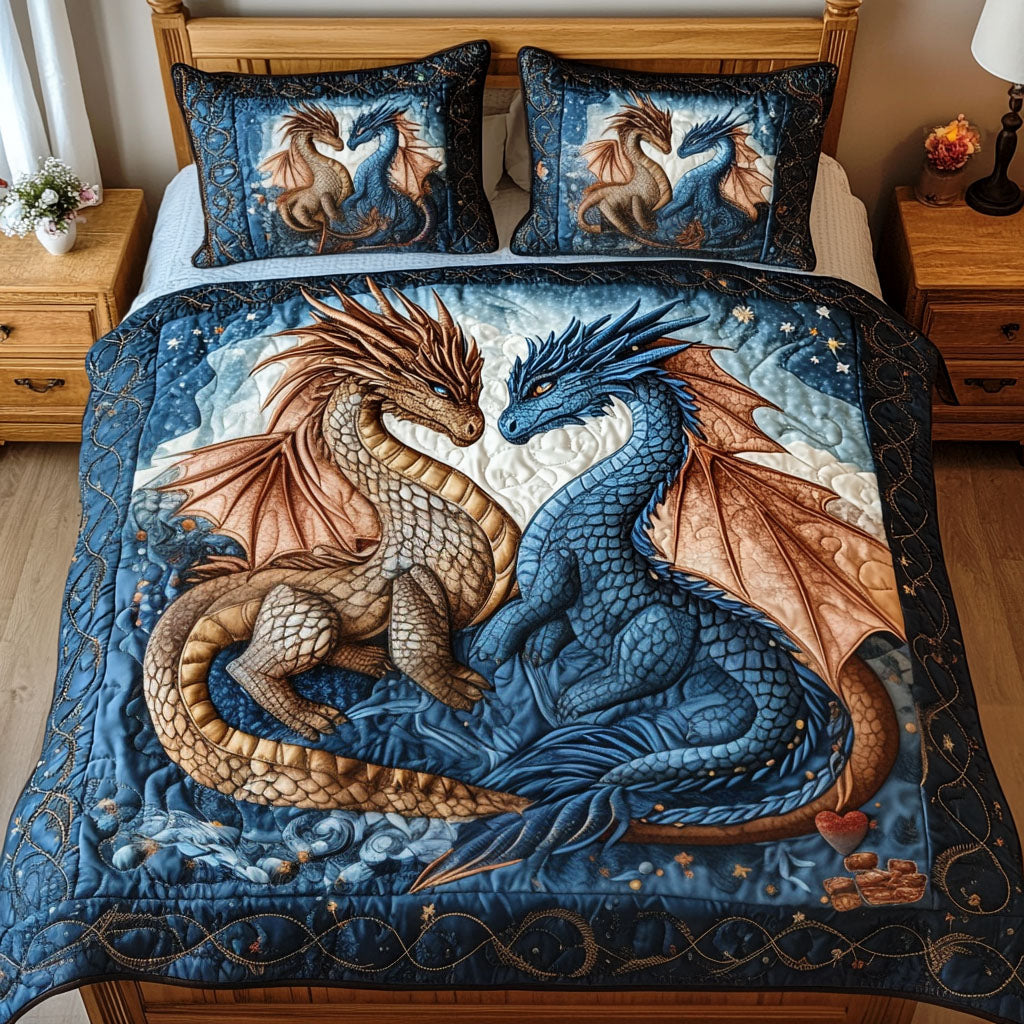 Heart of Dragons Quilted Bedding Set Aesthetic Room Decor Dragon Gift Ideas
