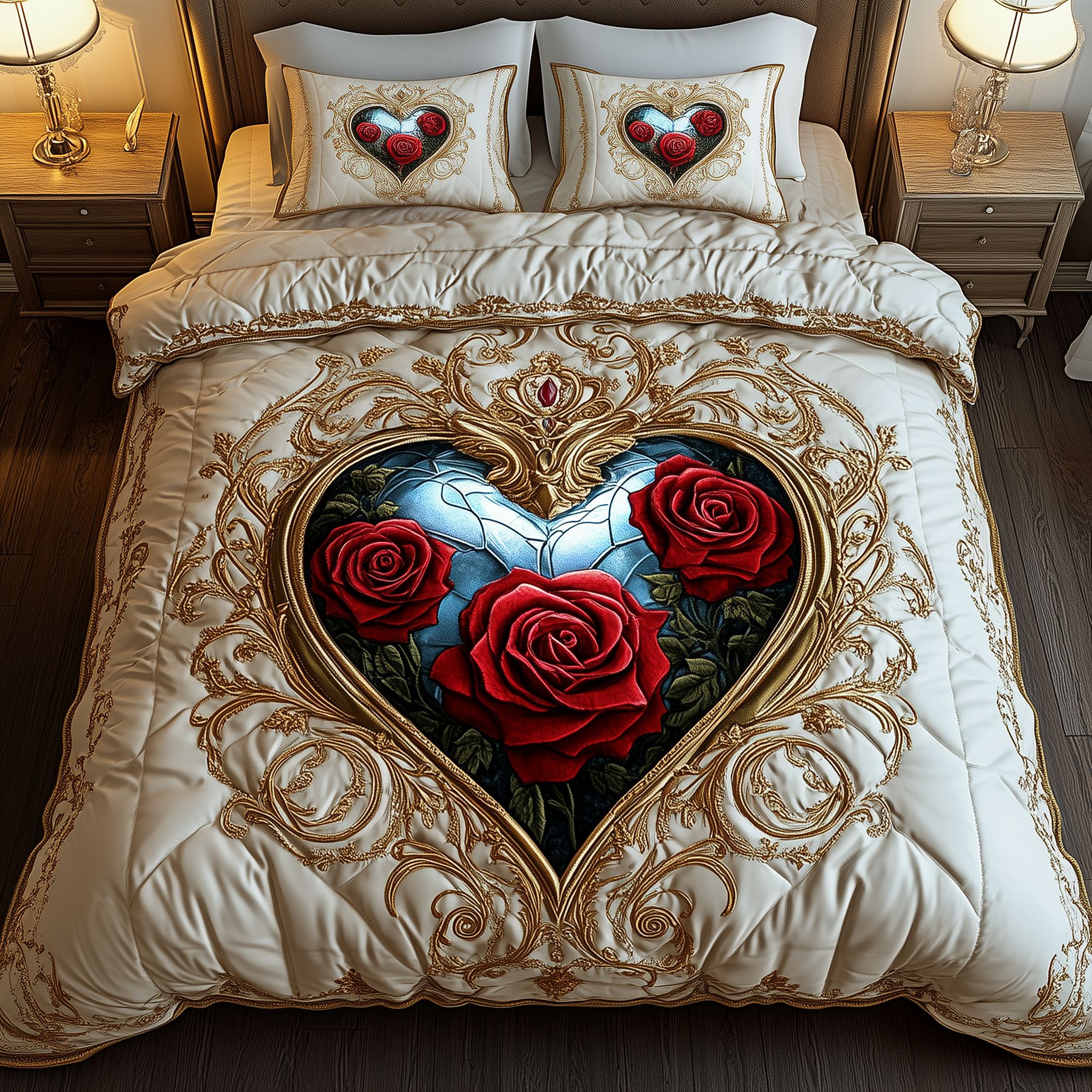 Heart of Roses Quilted Bedding Set Queen Bed Set Best Gifts For Couples