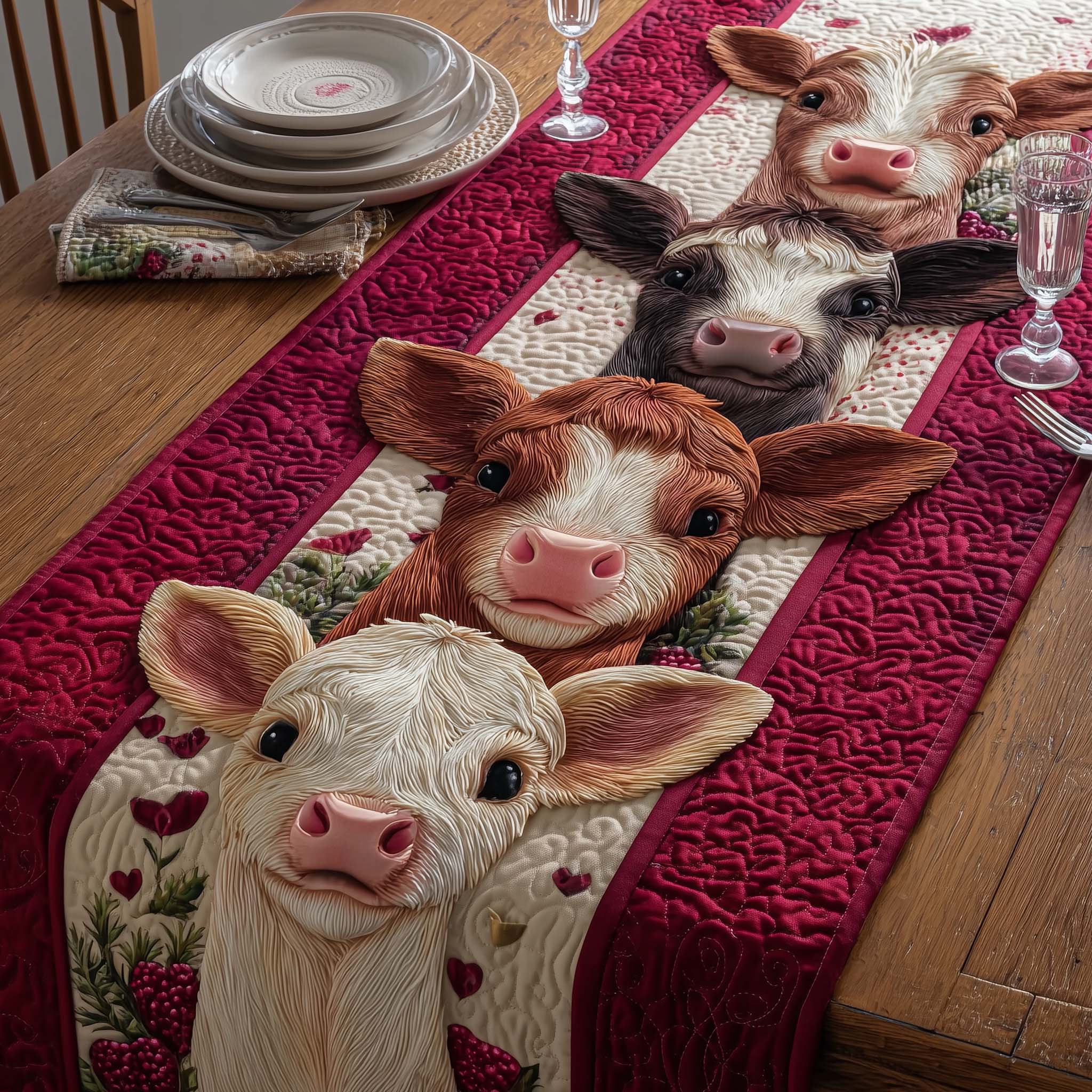 Heart Parade Quilted Table Runner Valentine's Day Runner Highland Cow Presents