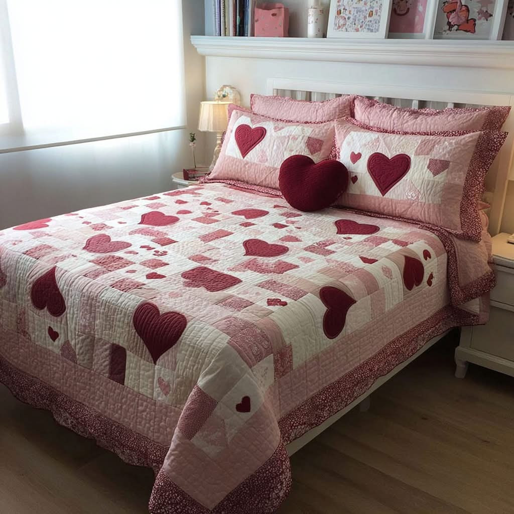 Heart Patchwork Quilted Bedding Set Romantic Bed Decorations Valentines Present Ideas