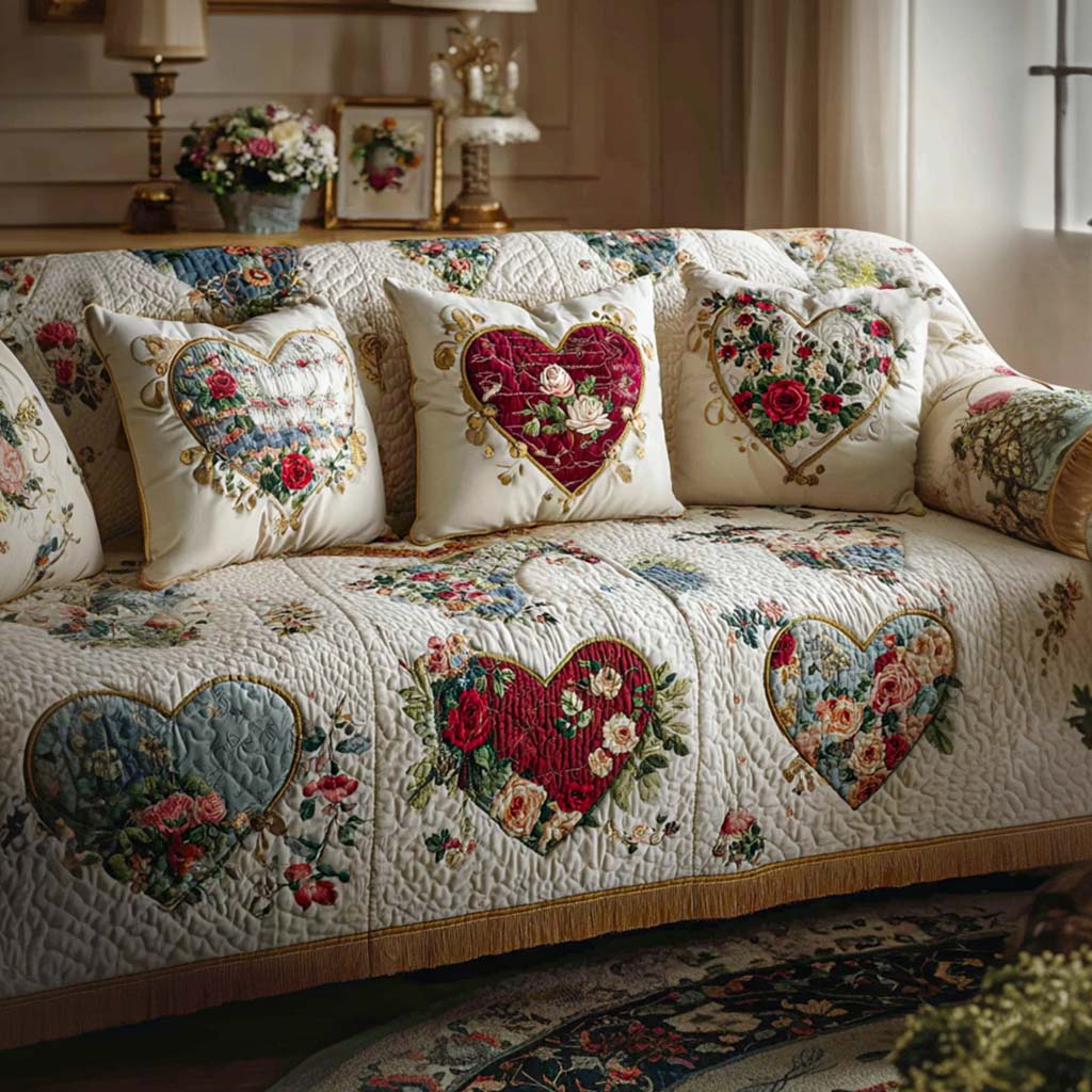 Heart Whispers Quilted Sofa Cover Best Slip Cover Sofa Valentine Day Gifts For Husband