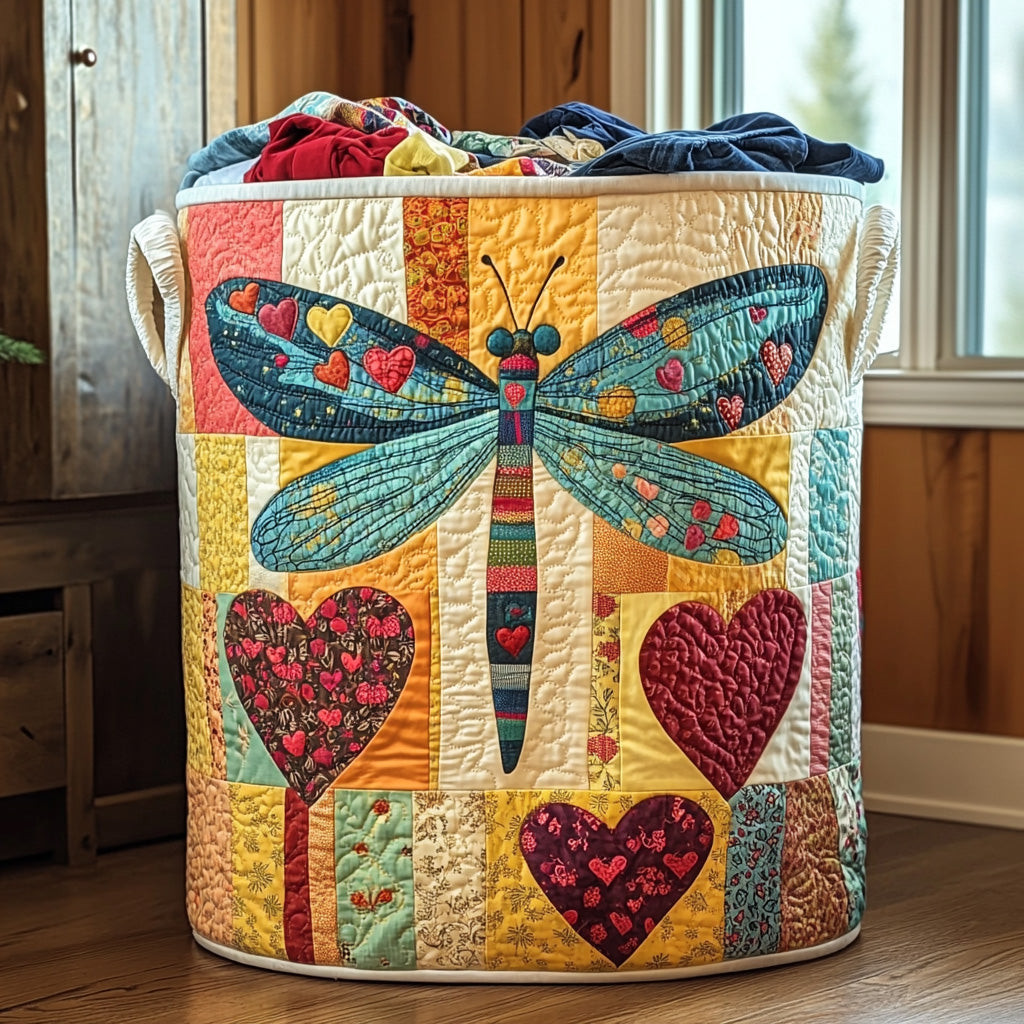 Heart Wings Quilted Laundry Basket Unique Clothes Hamper Dragonfly Gifts For Lady