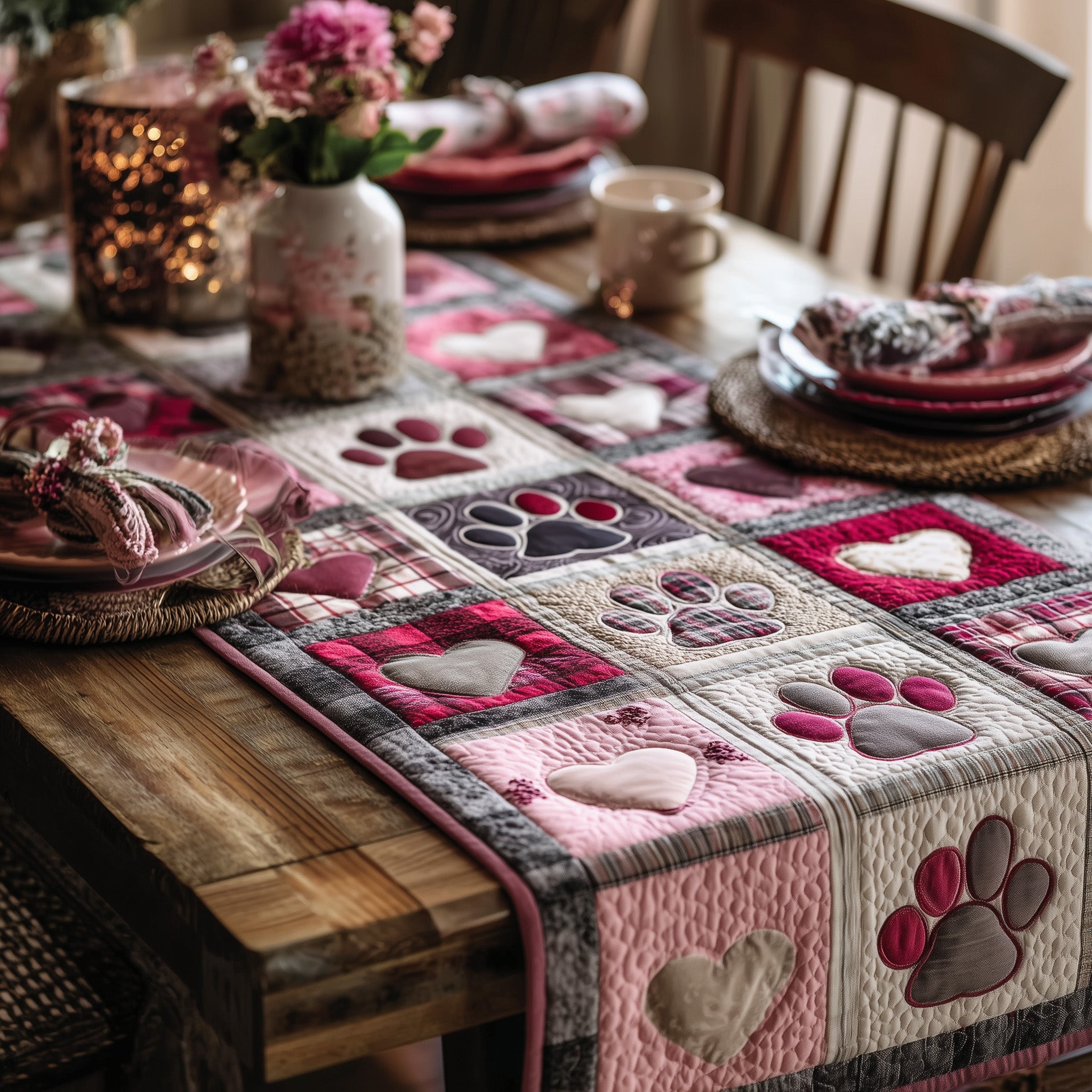 Heartfelt Paw Quilted Table Runner Heart Table Decor Valentine Day Gifts For Friends