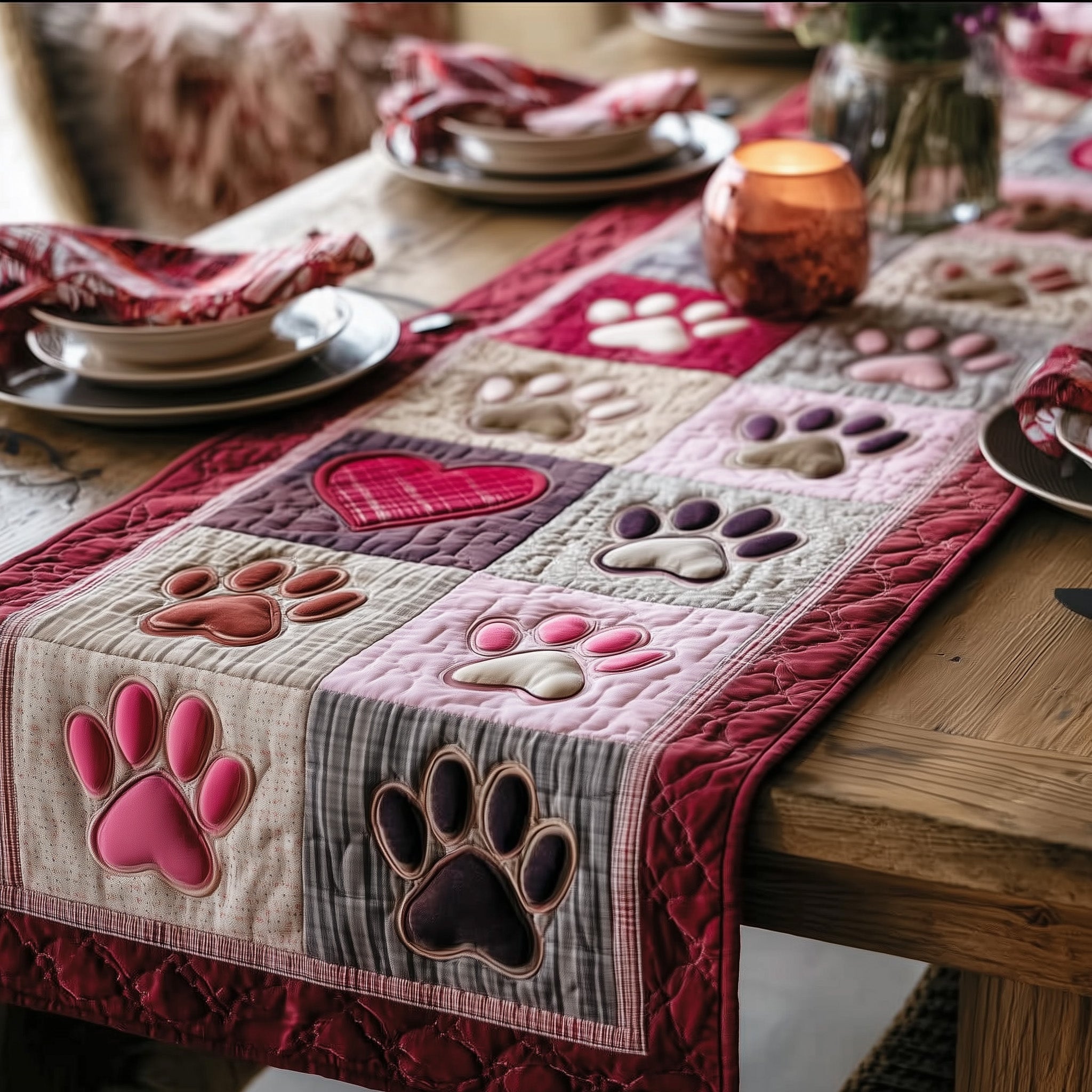 Heartfelt Paw Quilted Table Runner Valentine's Day Dinner Decoration Ideas Valentine Day Gifts For Grandparents