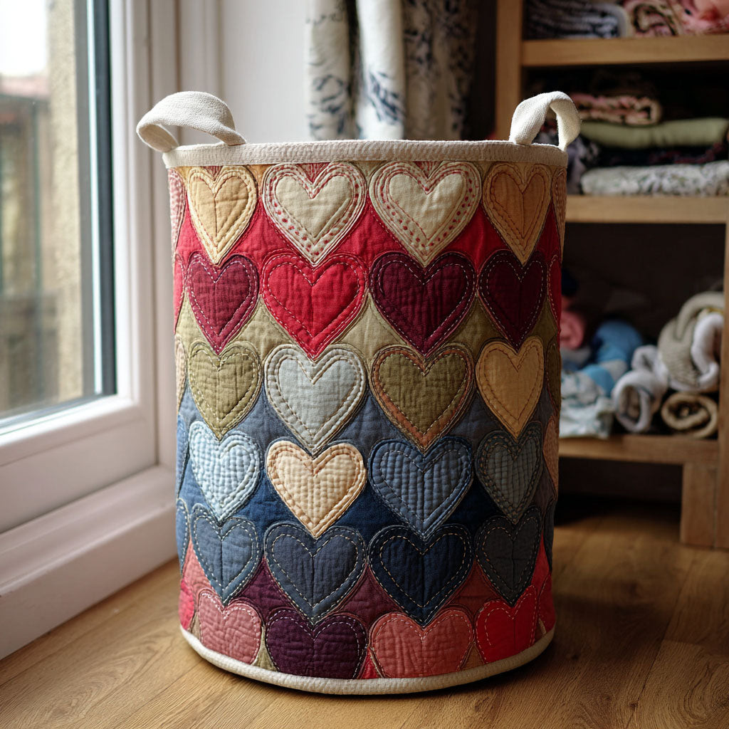 Heartfield Quilted Laundry Basket Colorful Heart Patchwork Clothes Hamper Gift For Mom